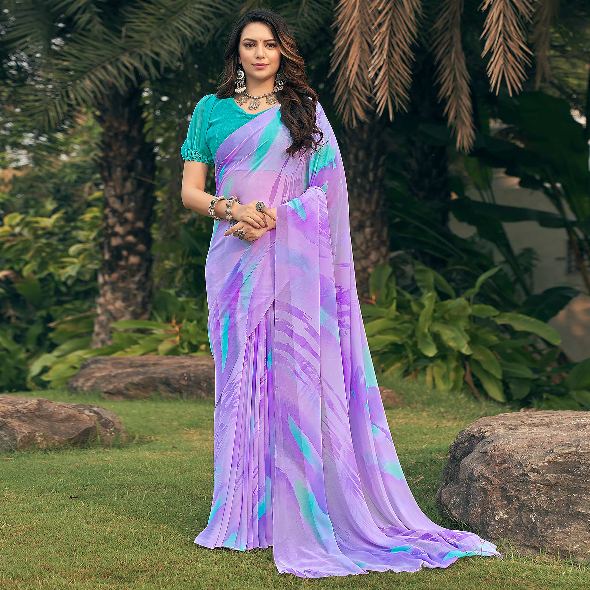 Light Violet Printed Georgette Saree