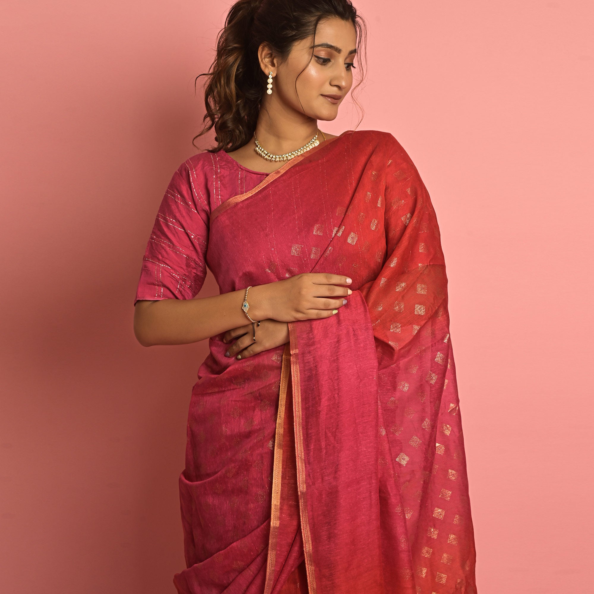 Pink & Red Foil Printed Cotton Blend Saree