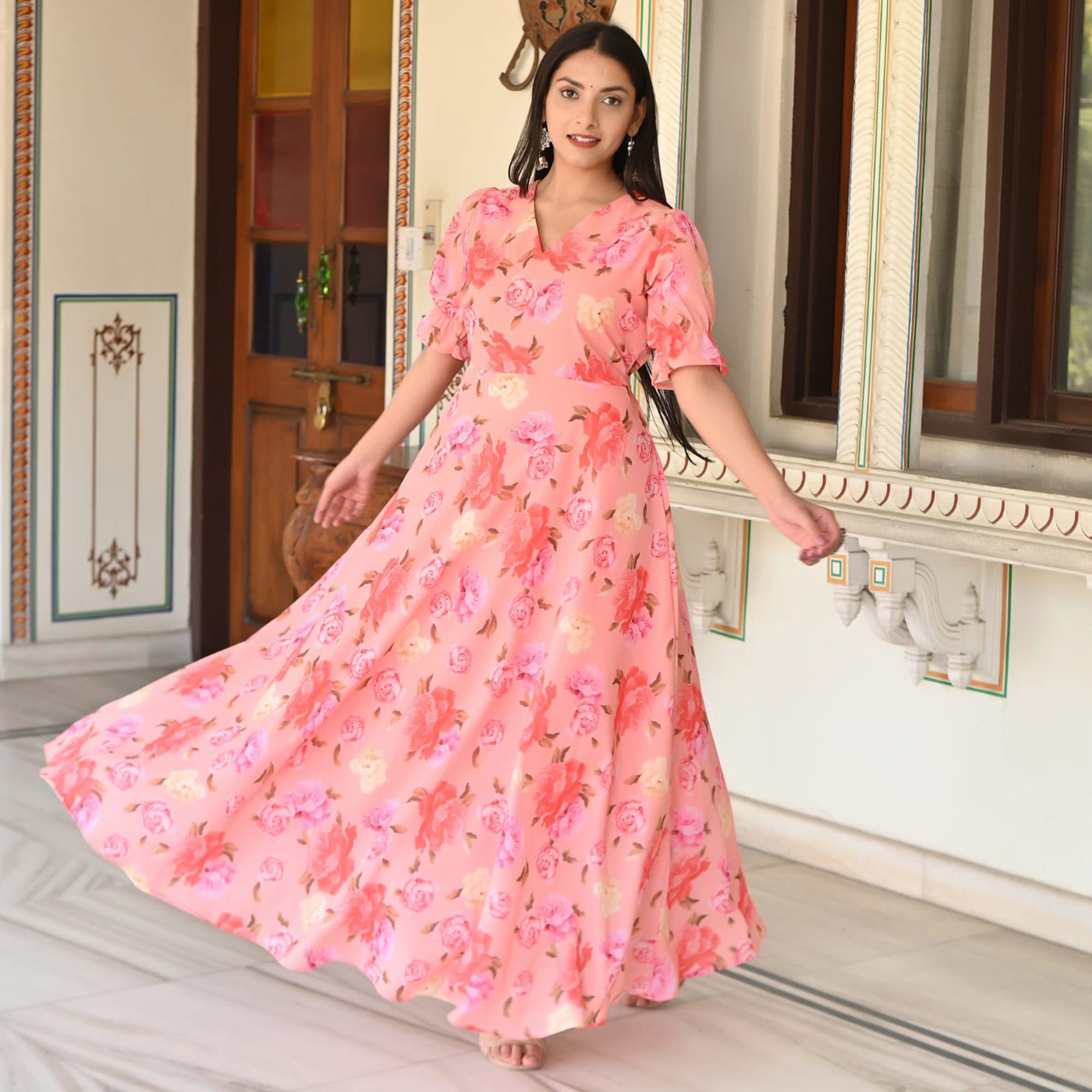 Peach Digital Printed Georgette Gown