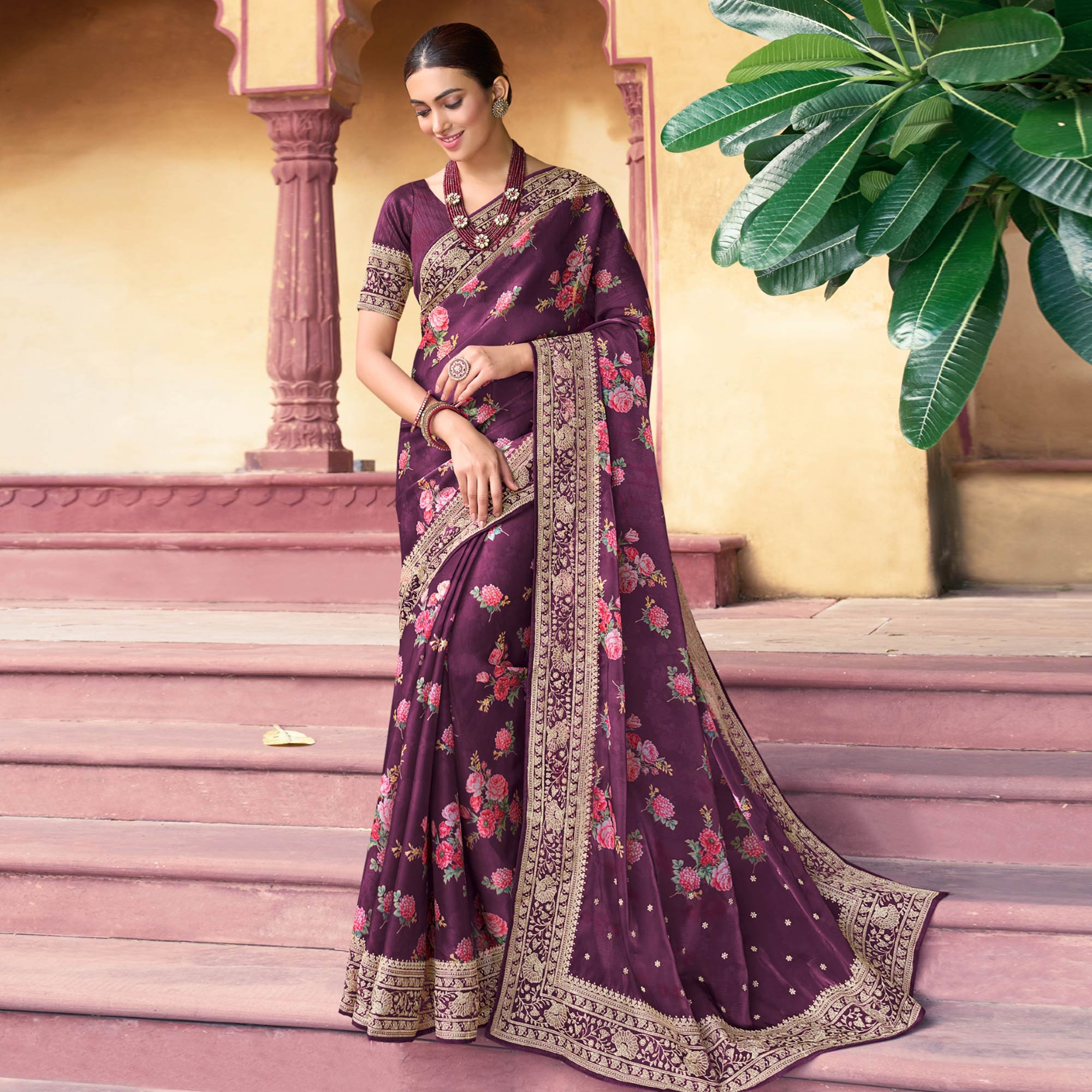 Wine Floral Printed With Embroidered Organza Saree