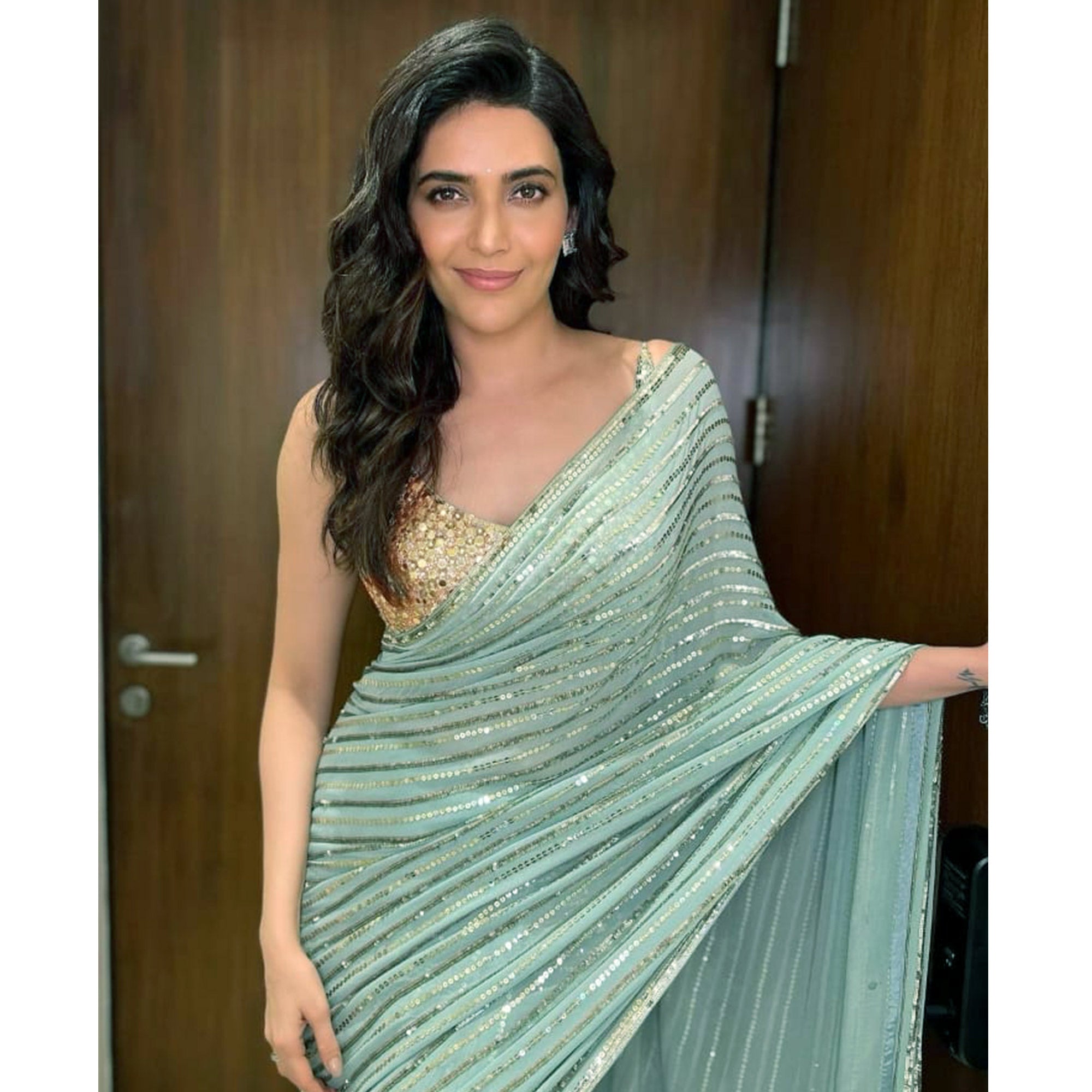 Sea Green Sequins Embroidered Georgette Saree