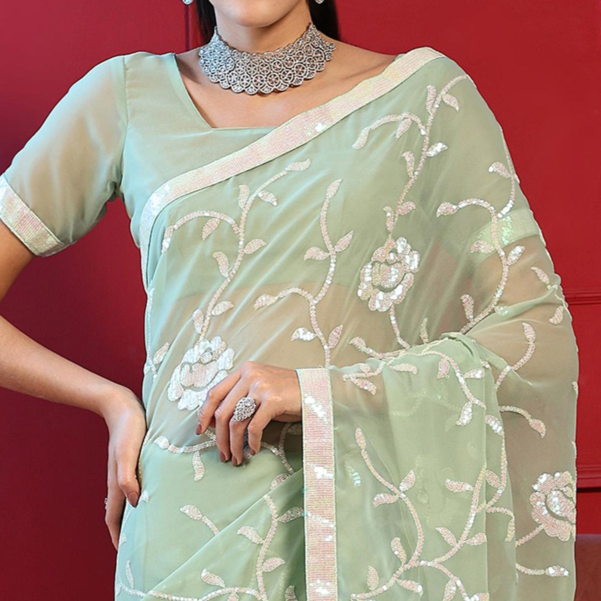 Green Sequins Embroidered Georgette Saree