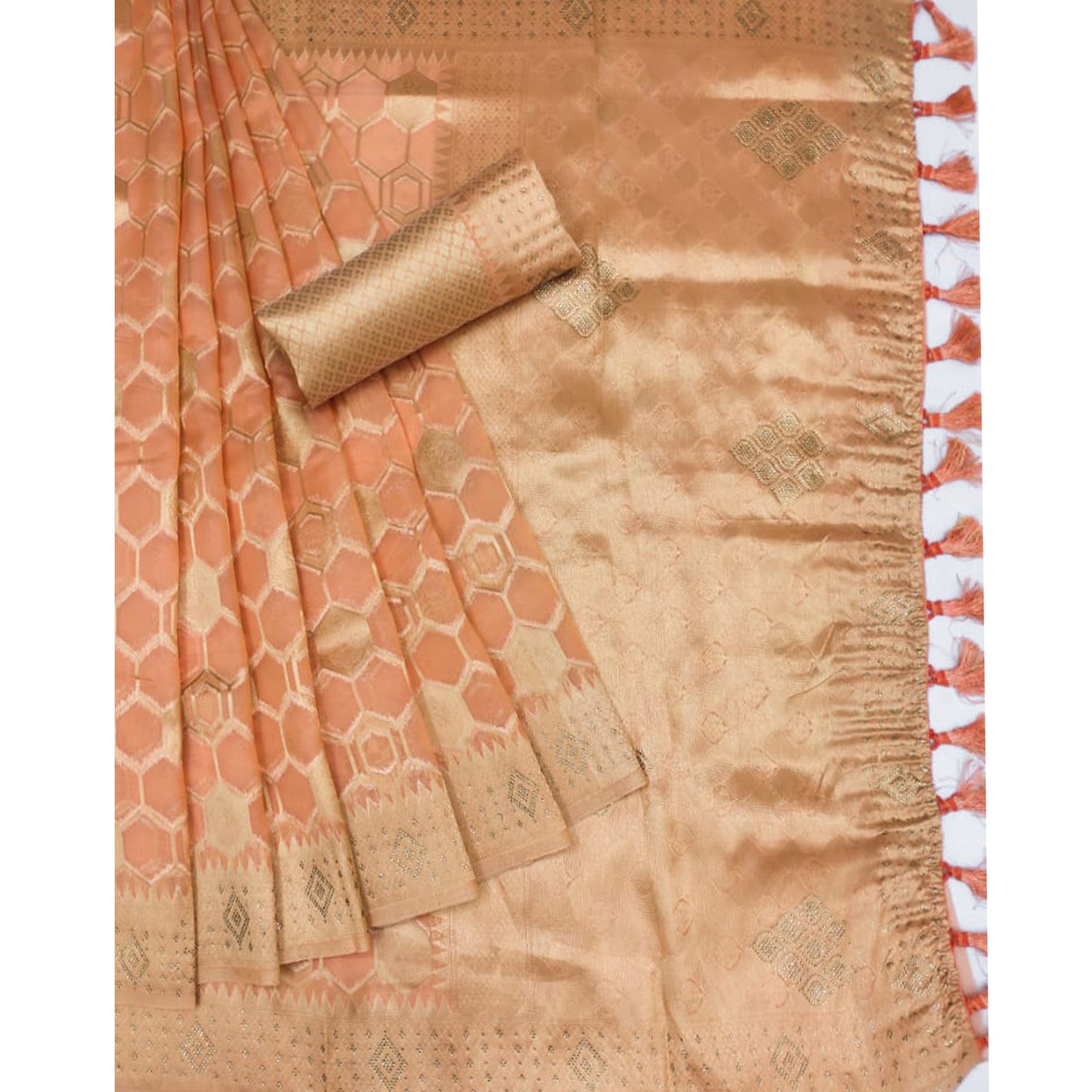 Peach Woven Art Silk Saree With Tassels