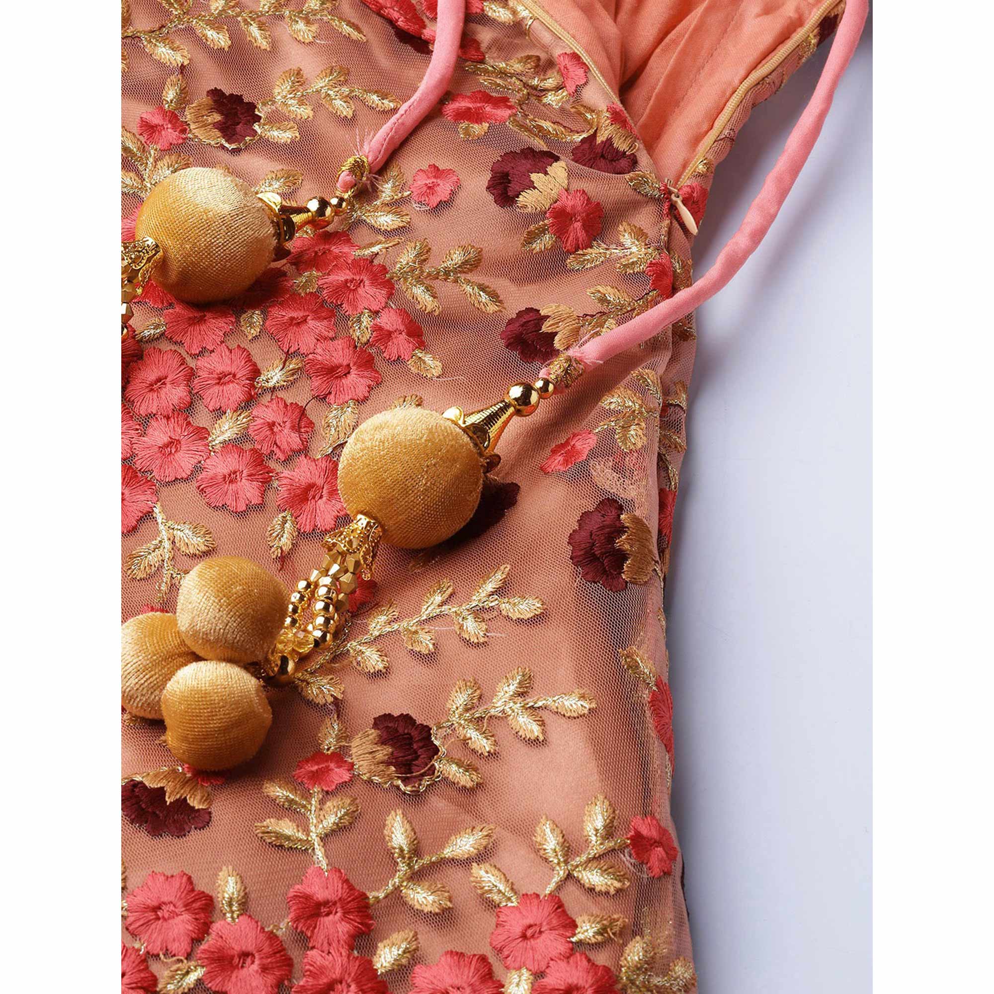 Peach Floral Embroidered Netted Lehenga Choli