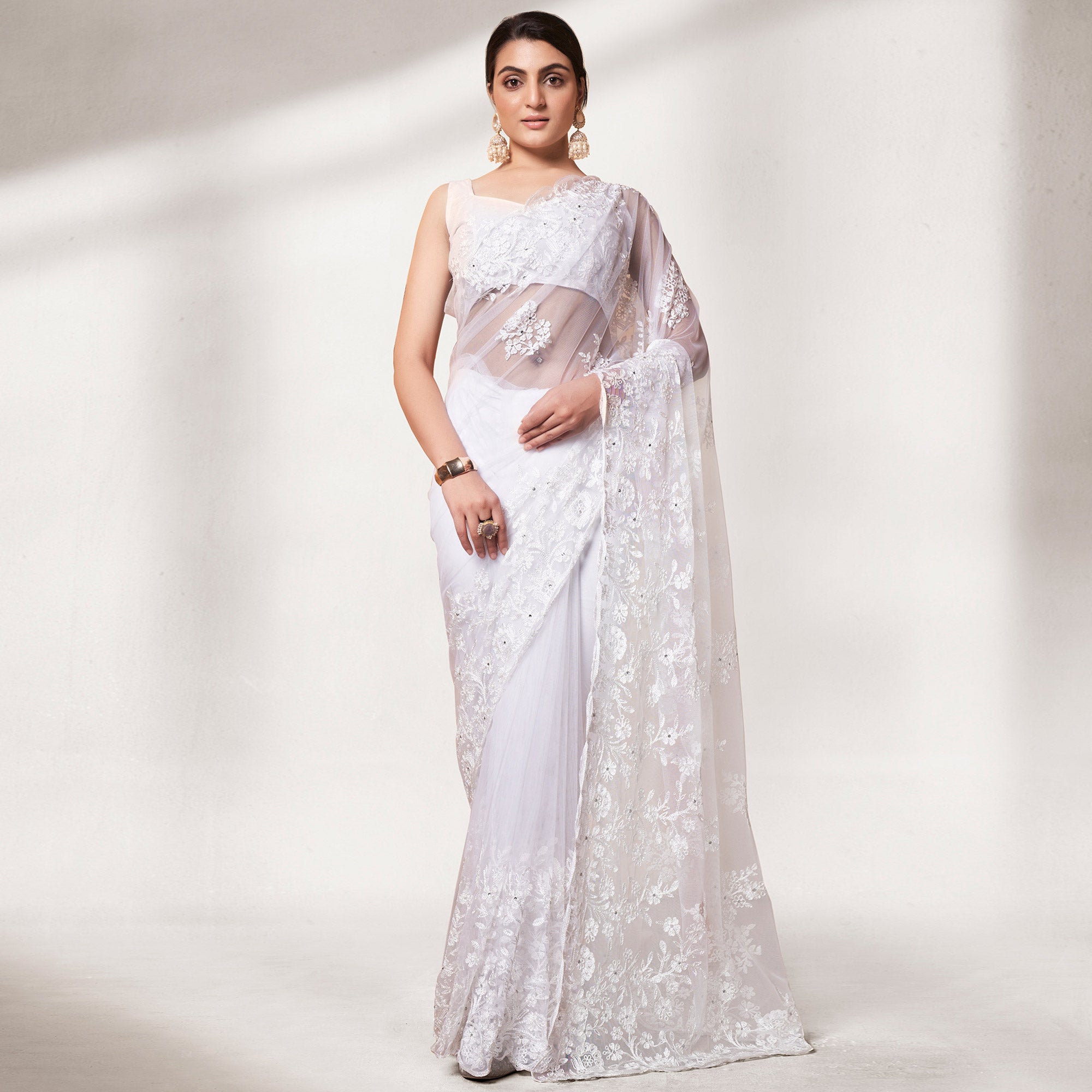 White Floral Embroidered Soft Net Saree