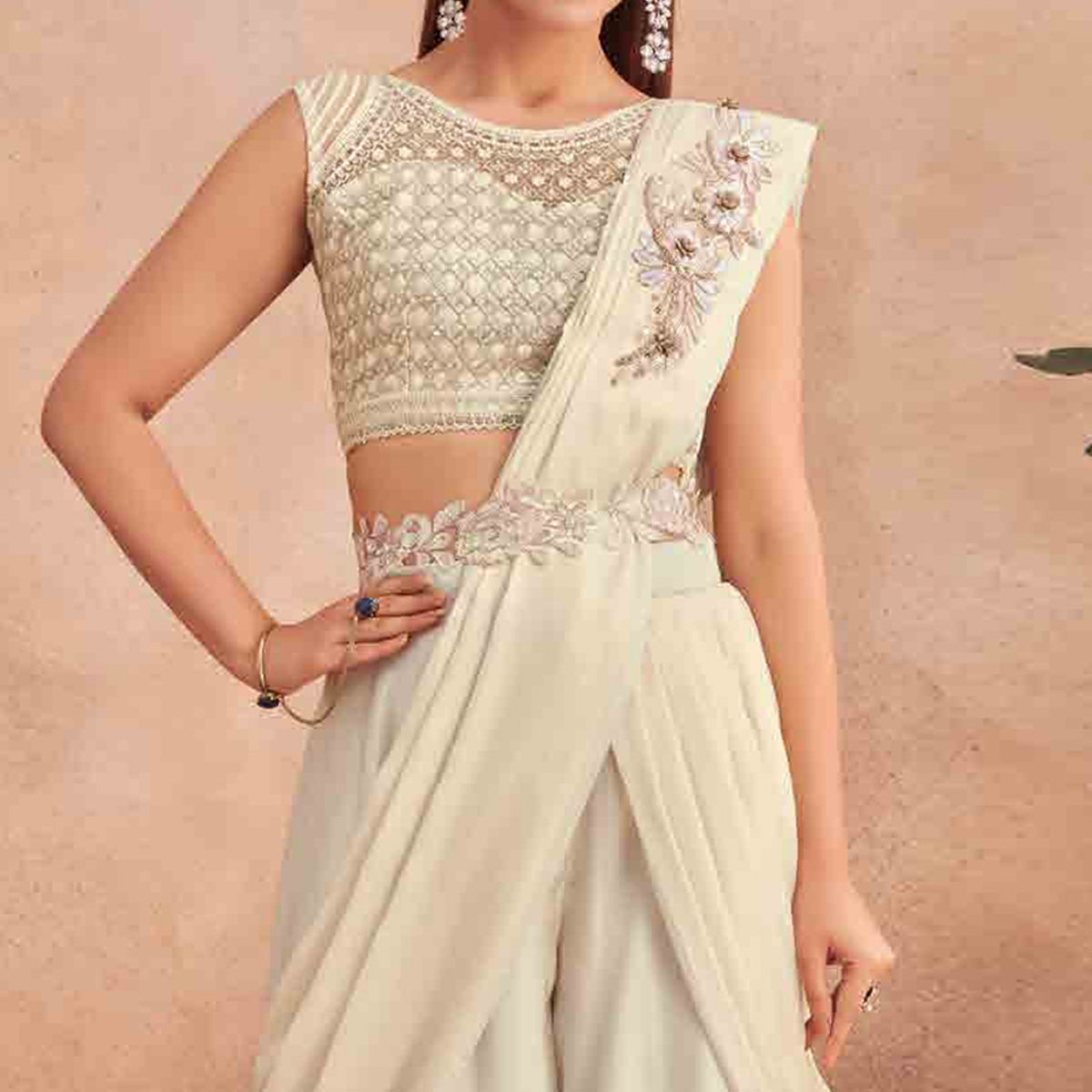 Cream Sequins Embroidered Ready to Wear Poly Satin Saree