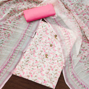 White & Pink Floral Digital Printed Cotton Dress Material