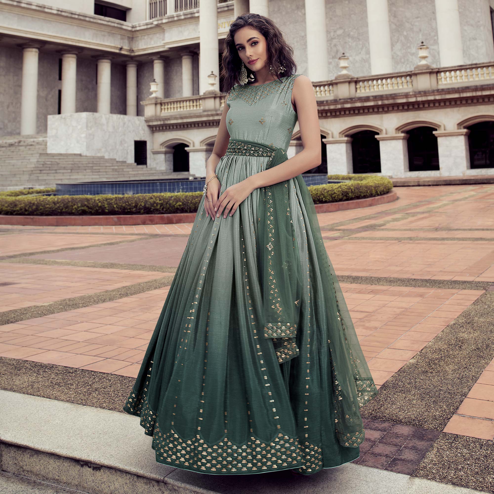 Green Sequins Embroidered Chiffon Gown