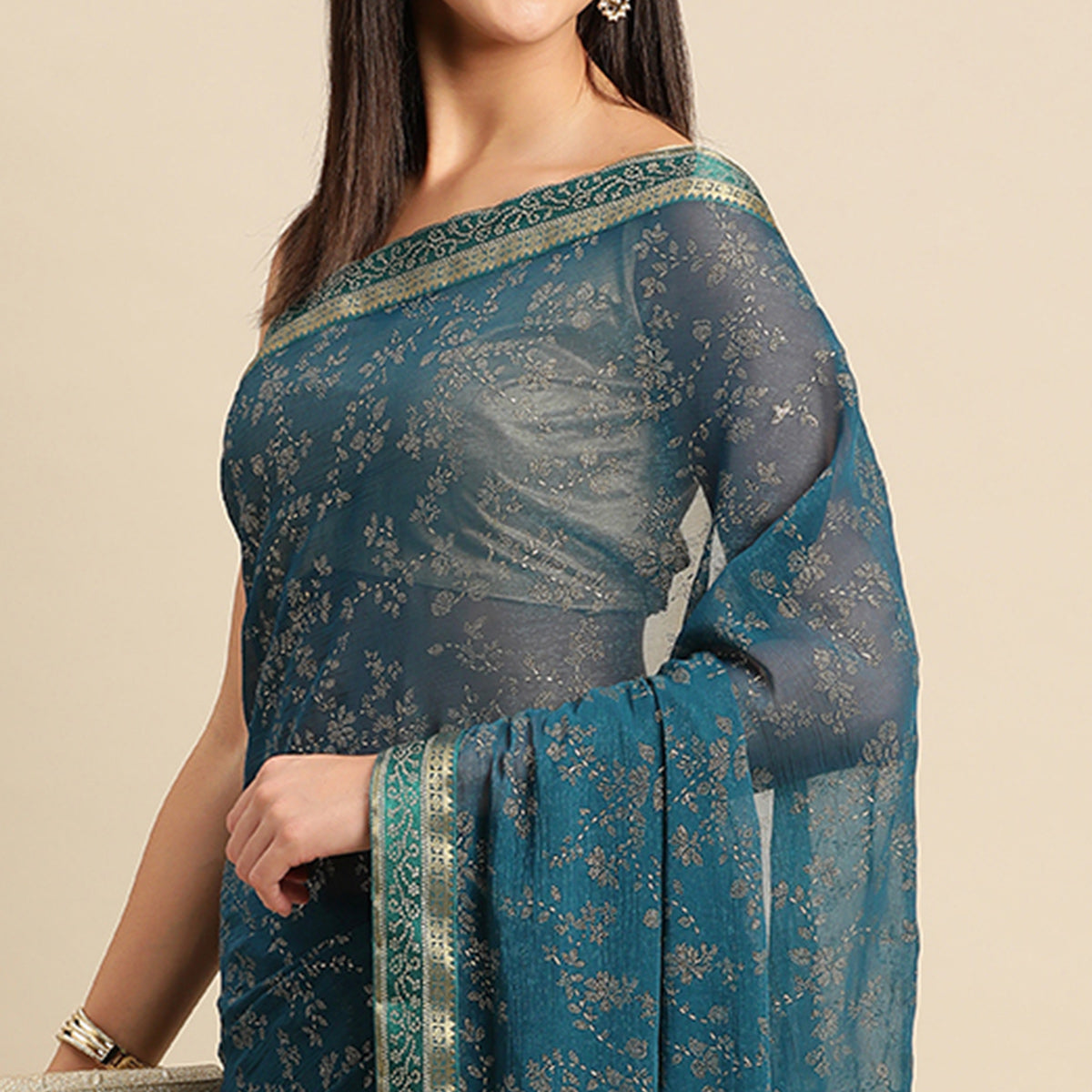 Blue Floral Foil Printed Shimmer Saree