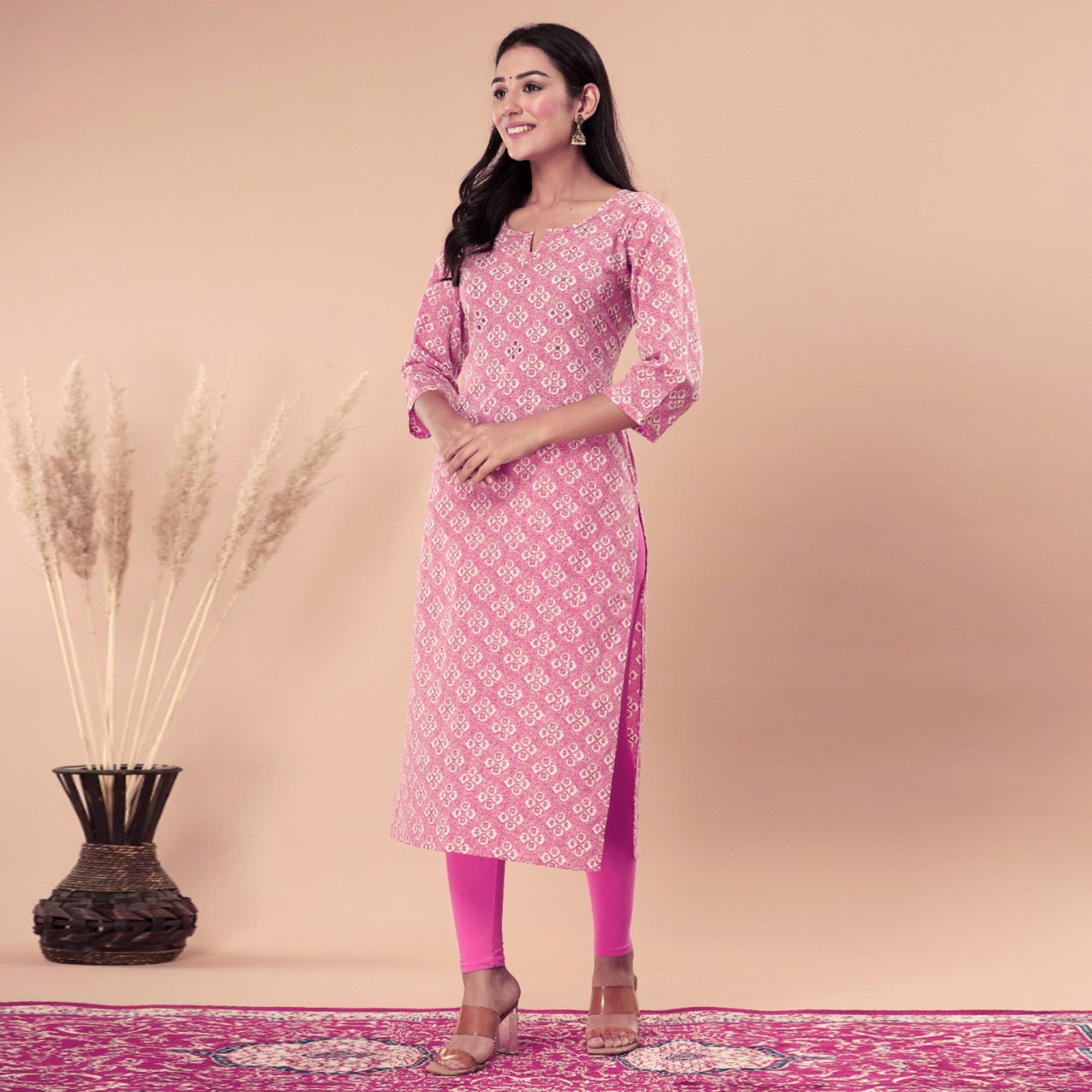 Pink Bandhani Printed Pure Cotton Kurti