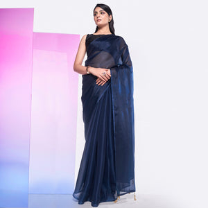 Teal Blue Solid Organza Saree With Tassels