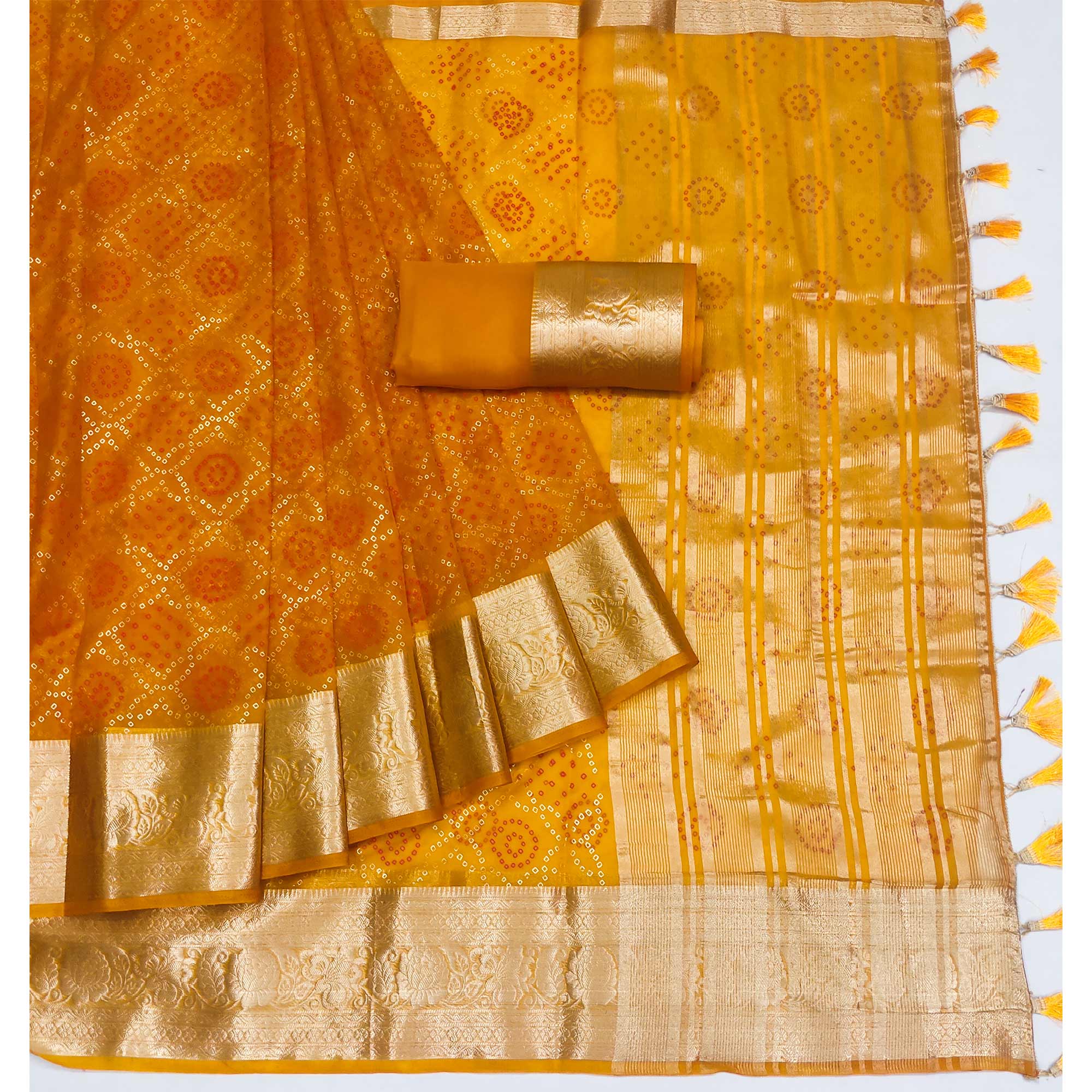 Mustard Bandhani Printed Organza Saree With Tassels