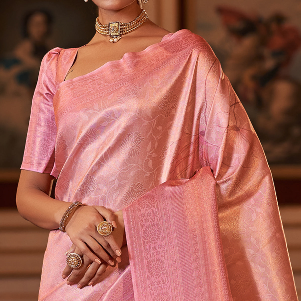 Pink Woven Jacquard Saree With Tassels