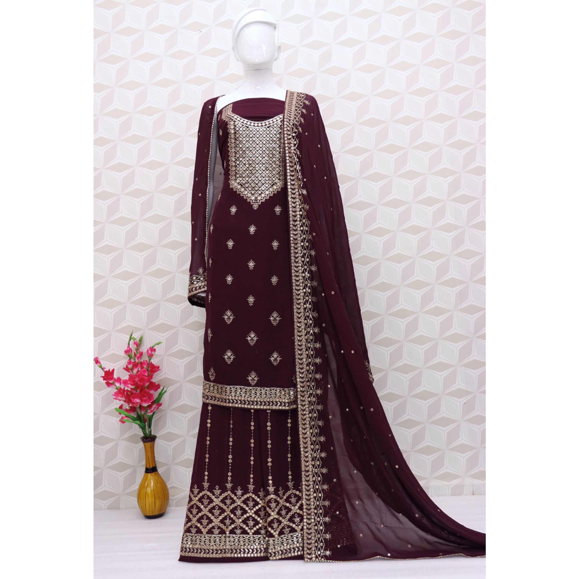 Wine Embroidered Georgette Sharara Suit