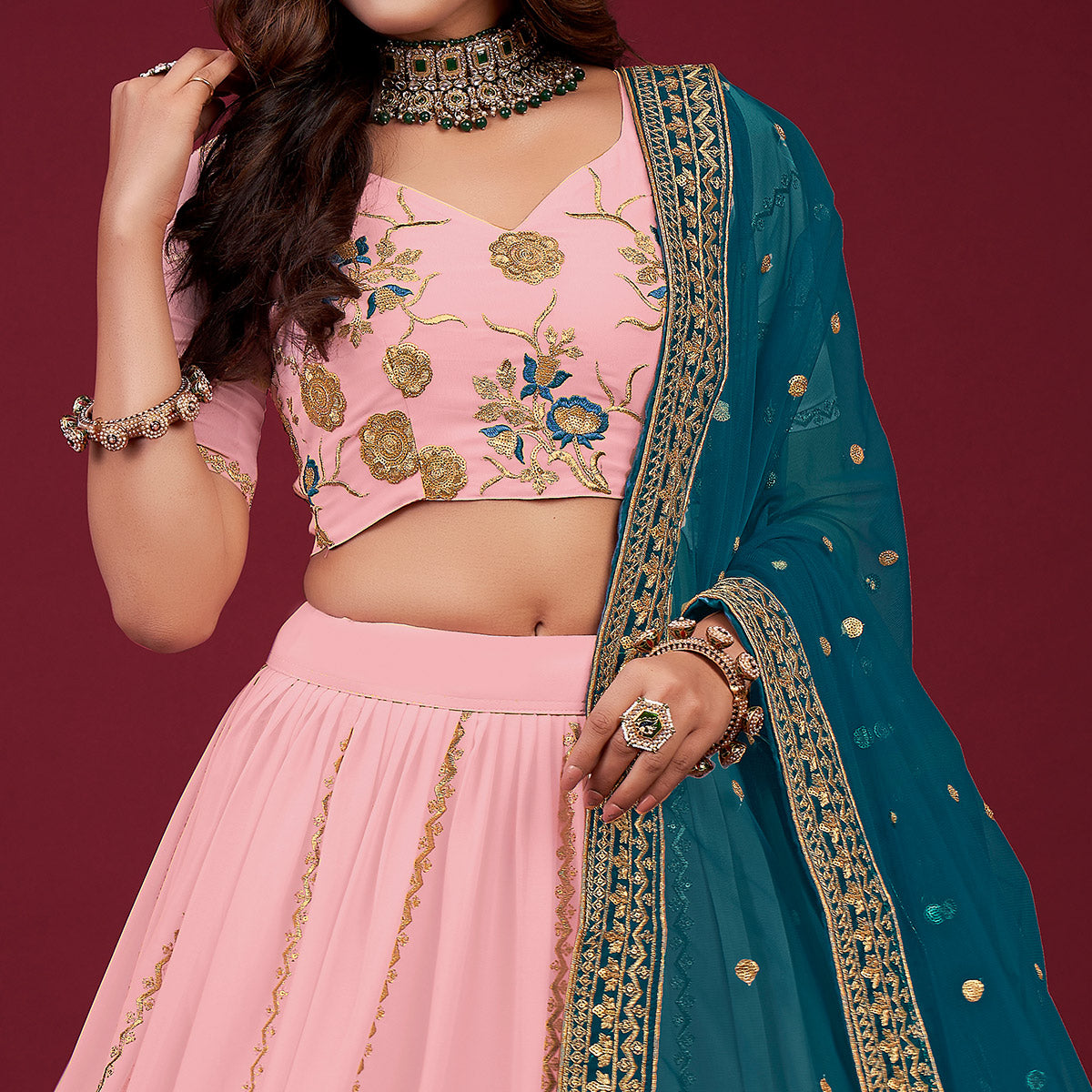 Pink Embroidered Georgette Lehenga Choli