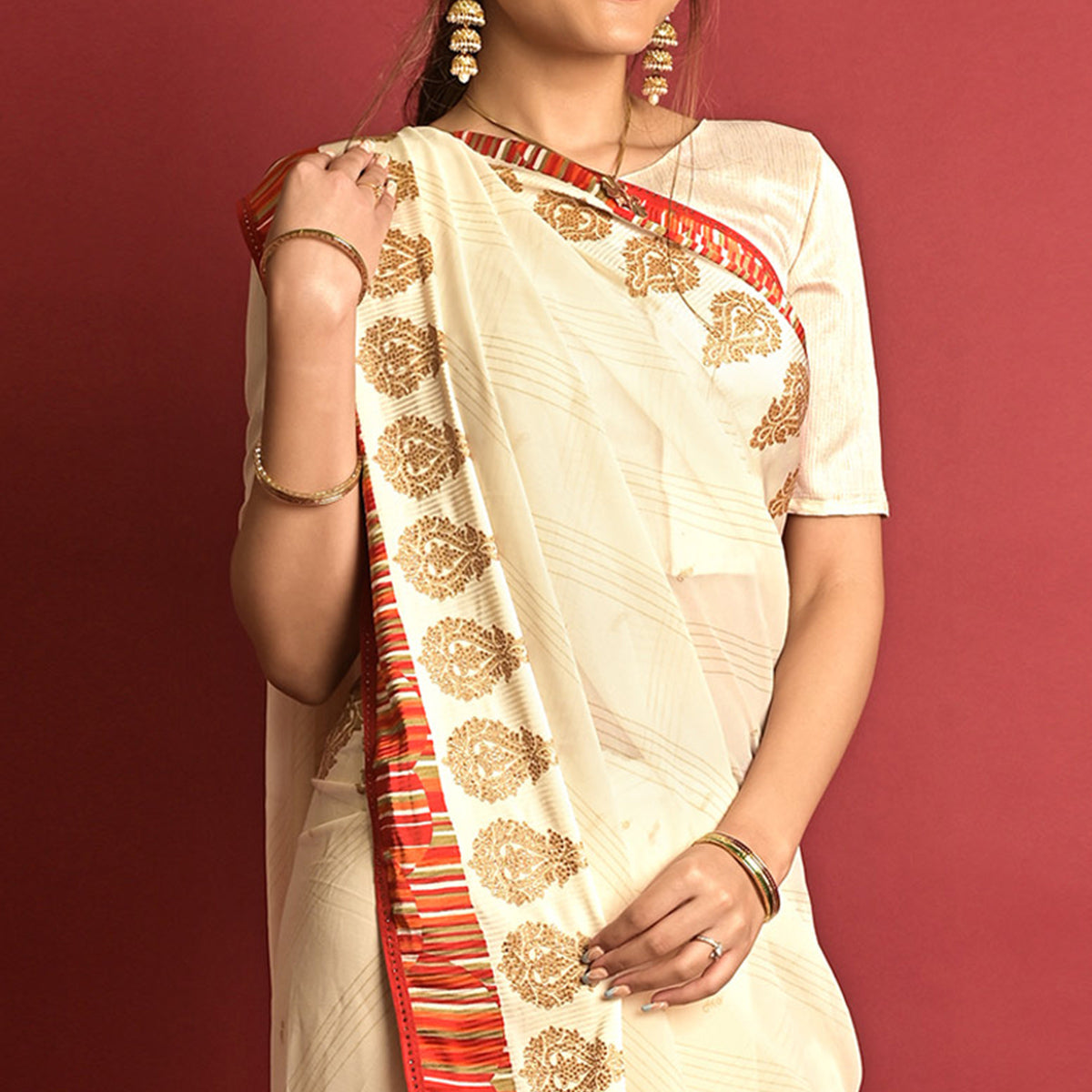 Cream Printed Georgette Saree