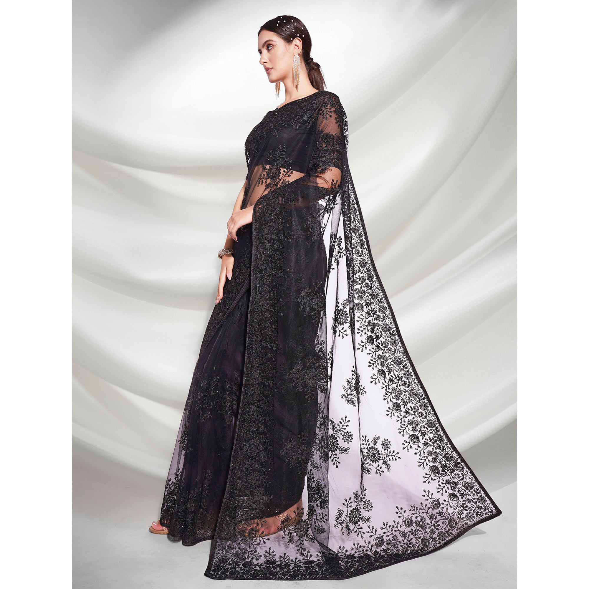 Black Floral Embroidered Net Saree