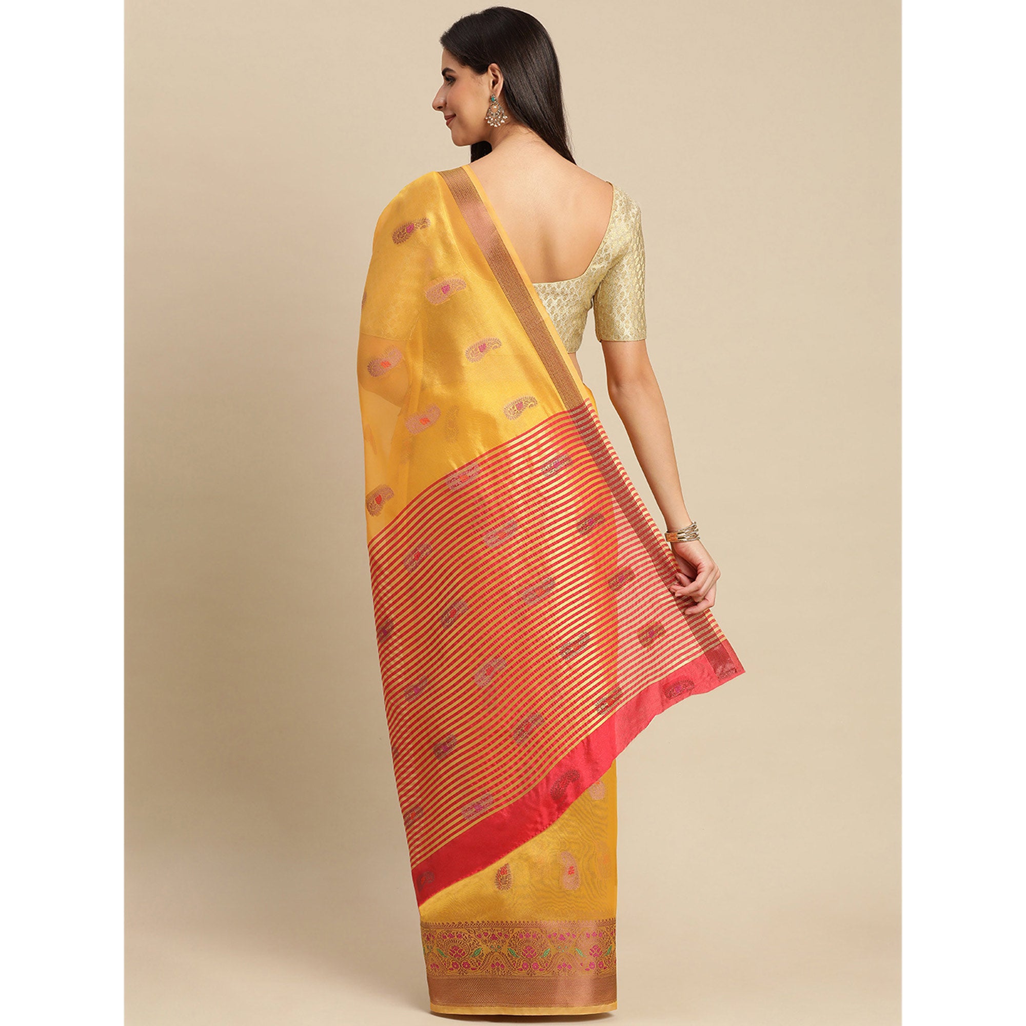 Yellow Woven Organza Saree