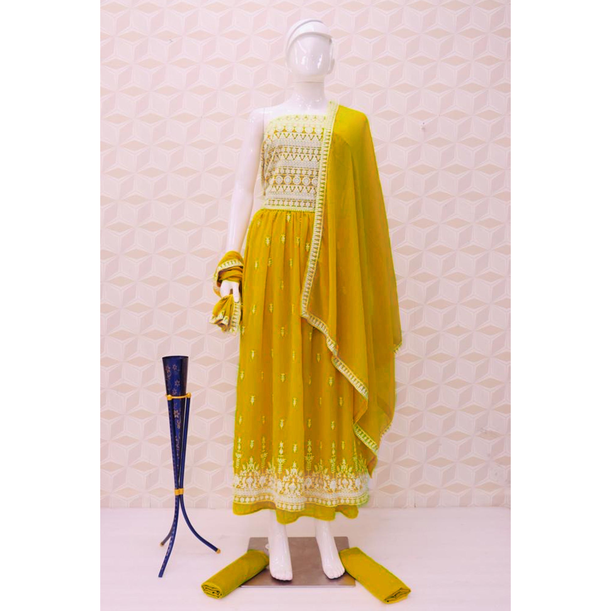 Yellow Embroidered Georgette Naira Cut Semi Stitched Palazzo Suit