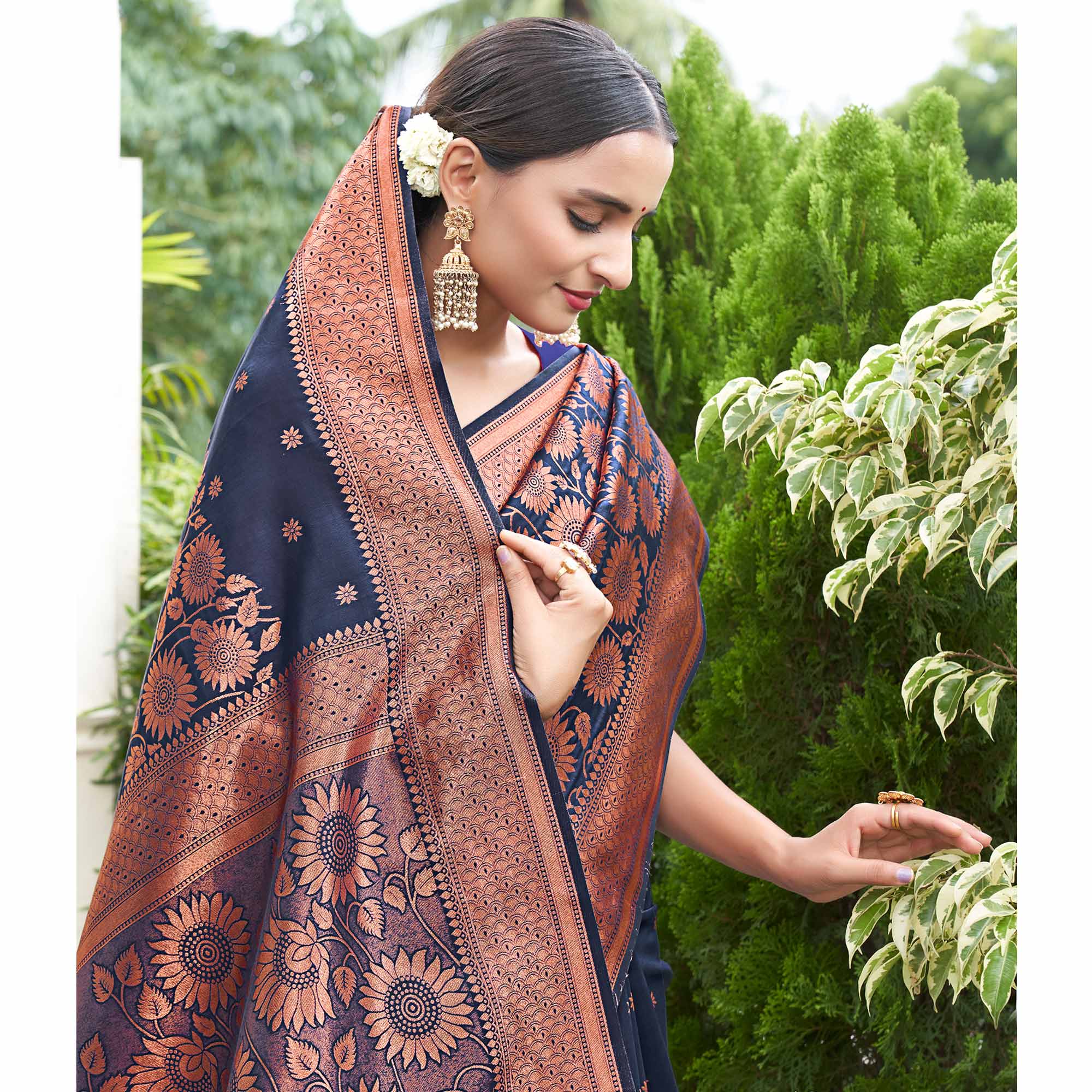 Navy Blue Floral Woven Art Silk Saree