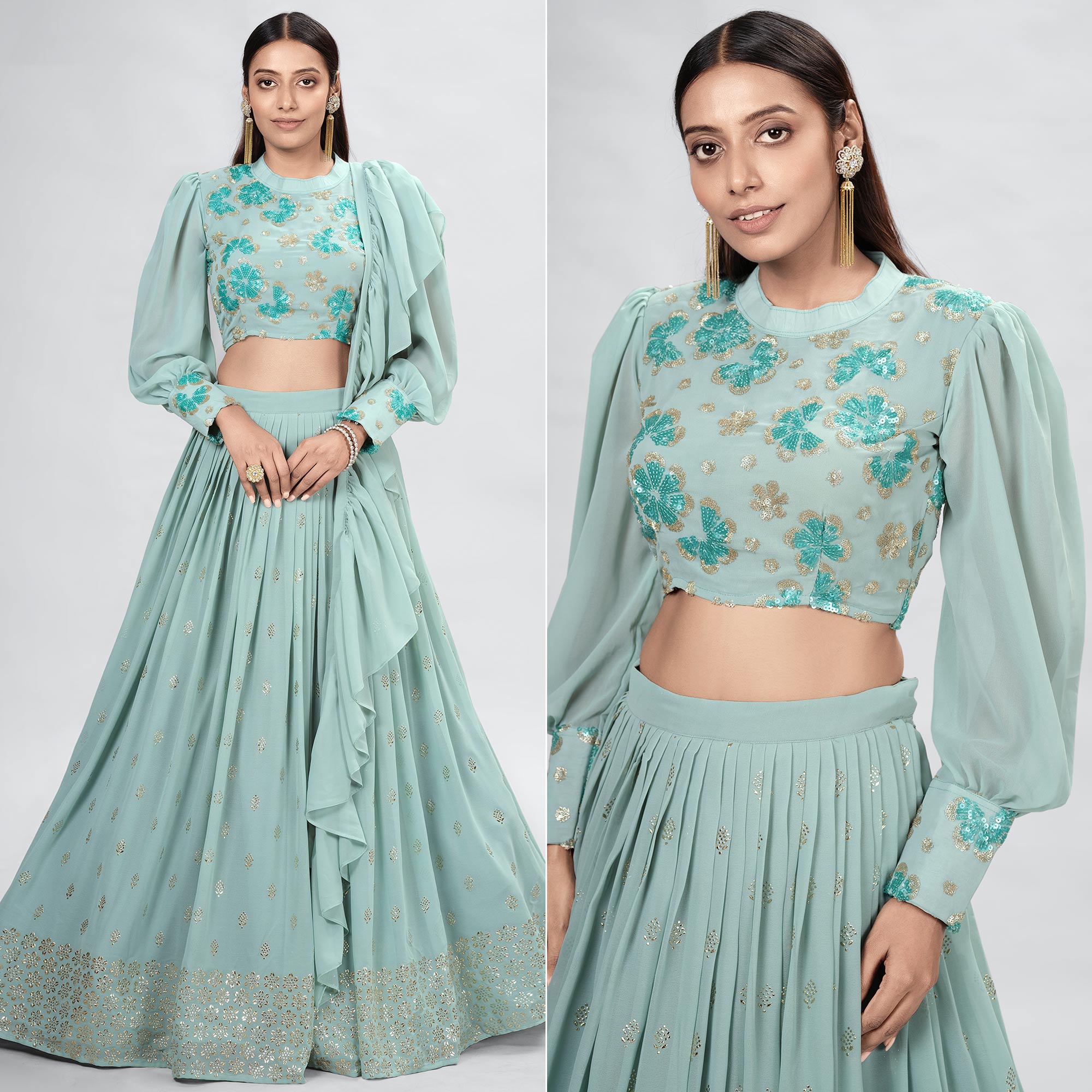 Aqua Green Embellished With Embroidered Georgette Lehenga Choli