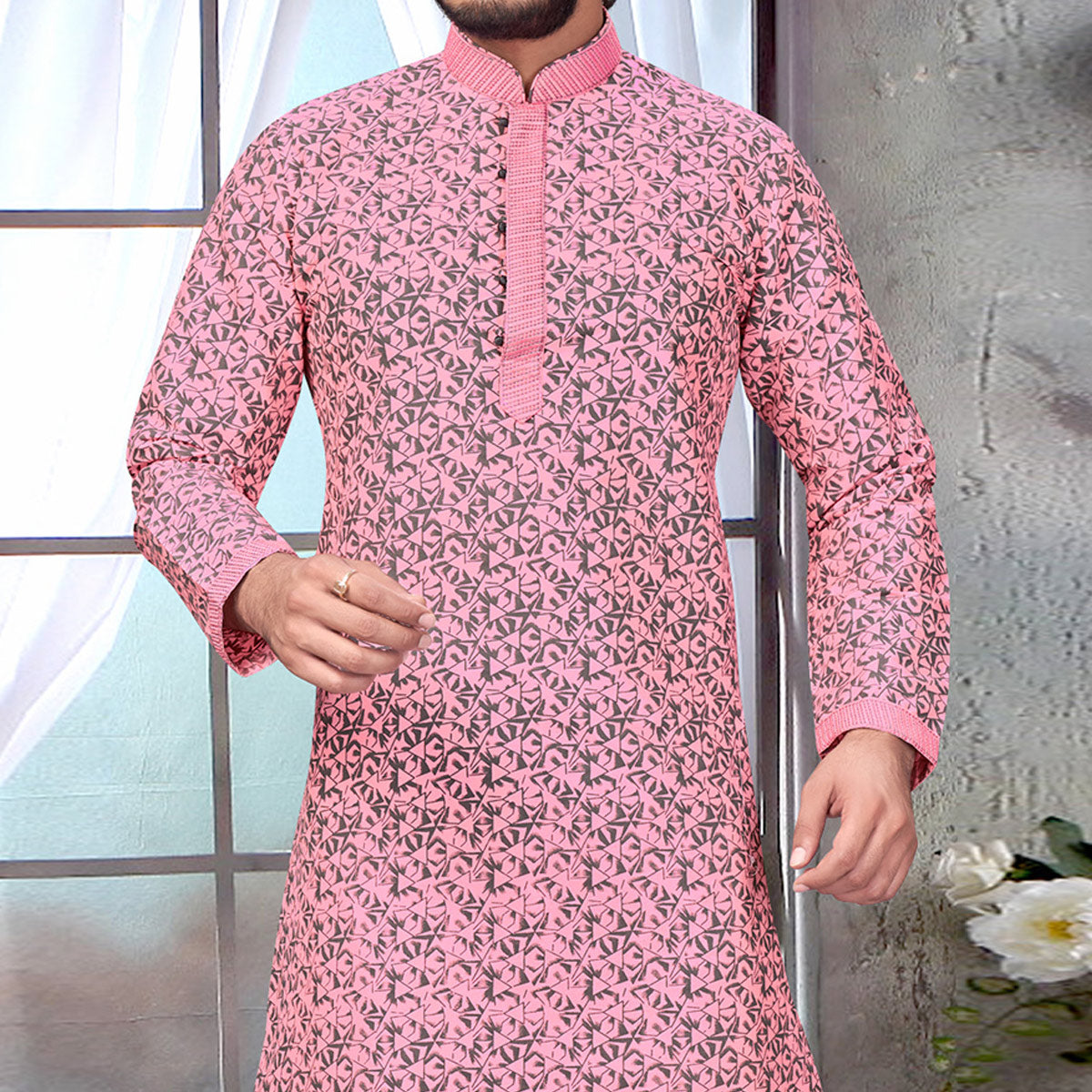 Pink Printed Jacquard Kurta Pyjama Set