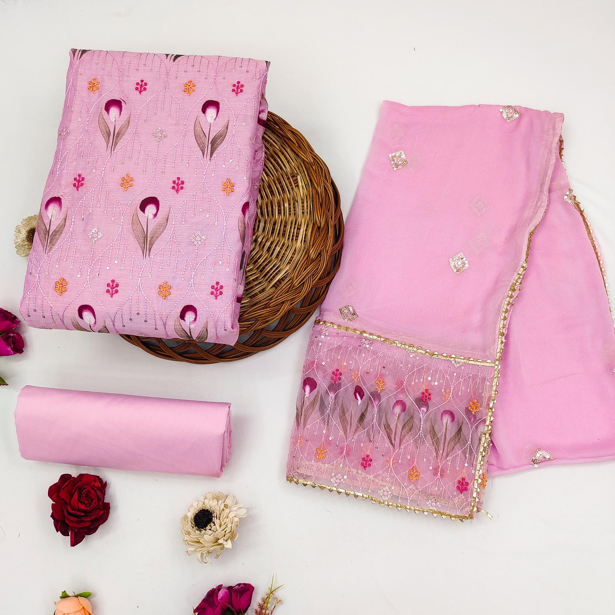 Pink Sequins Embroidered Chanderi Dress Material