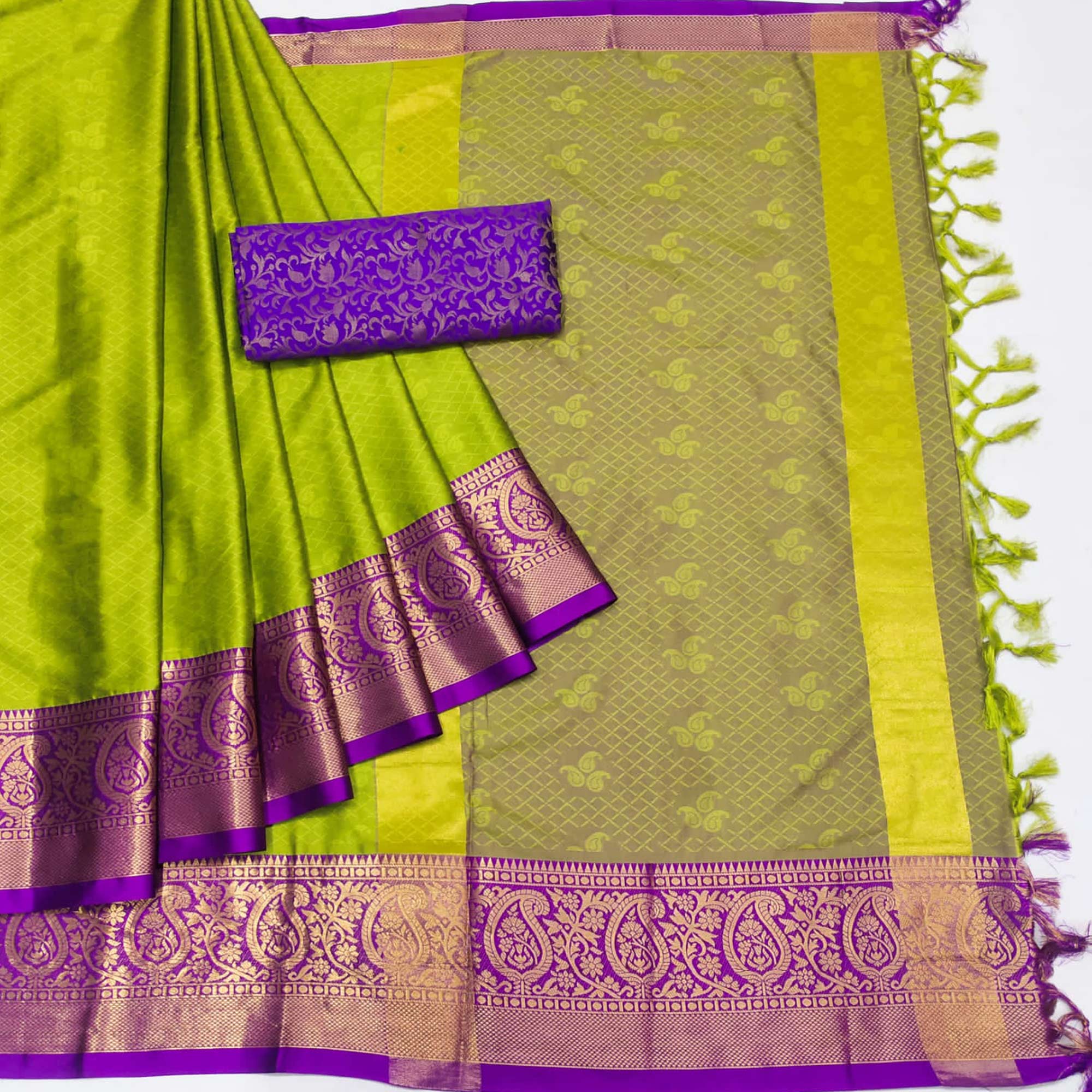 Lemon Green-Violet Woven Cotton Silk Saree With Tassels
