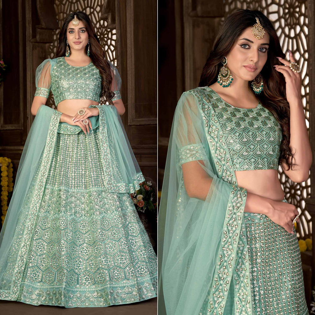 Georgette Thread Work Lehenga Choli In Sea Green Colour - LD4901069