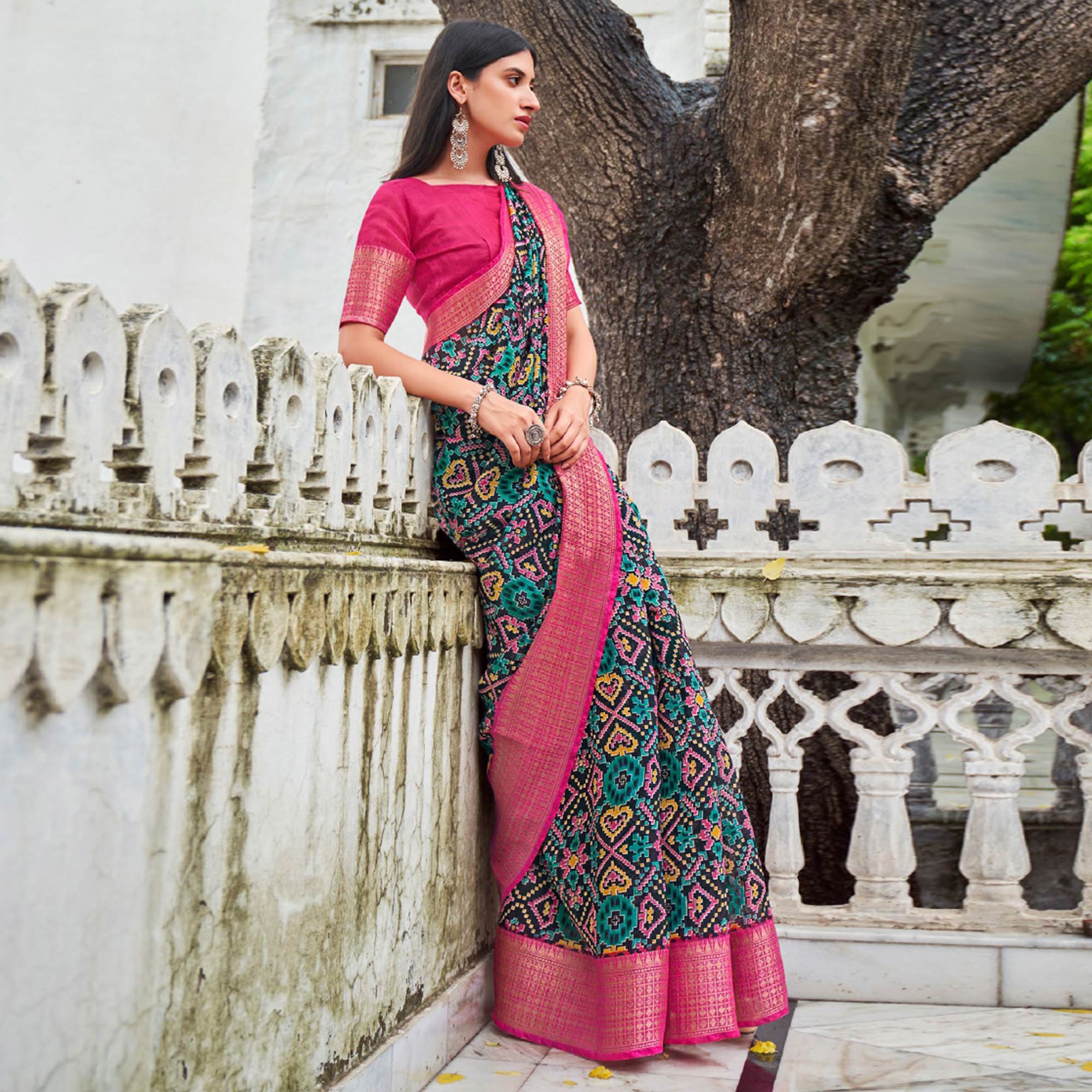 Black Printed With Woven Border Raw Silk Saree