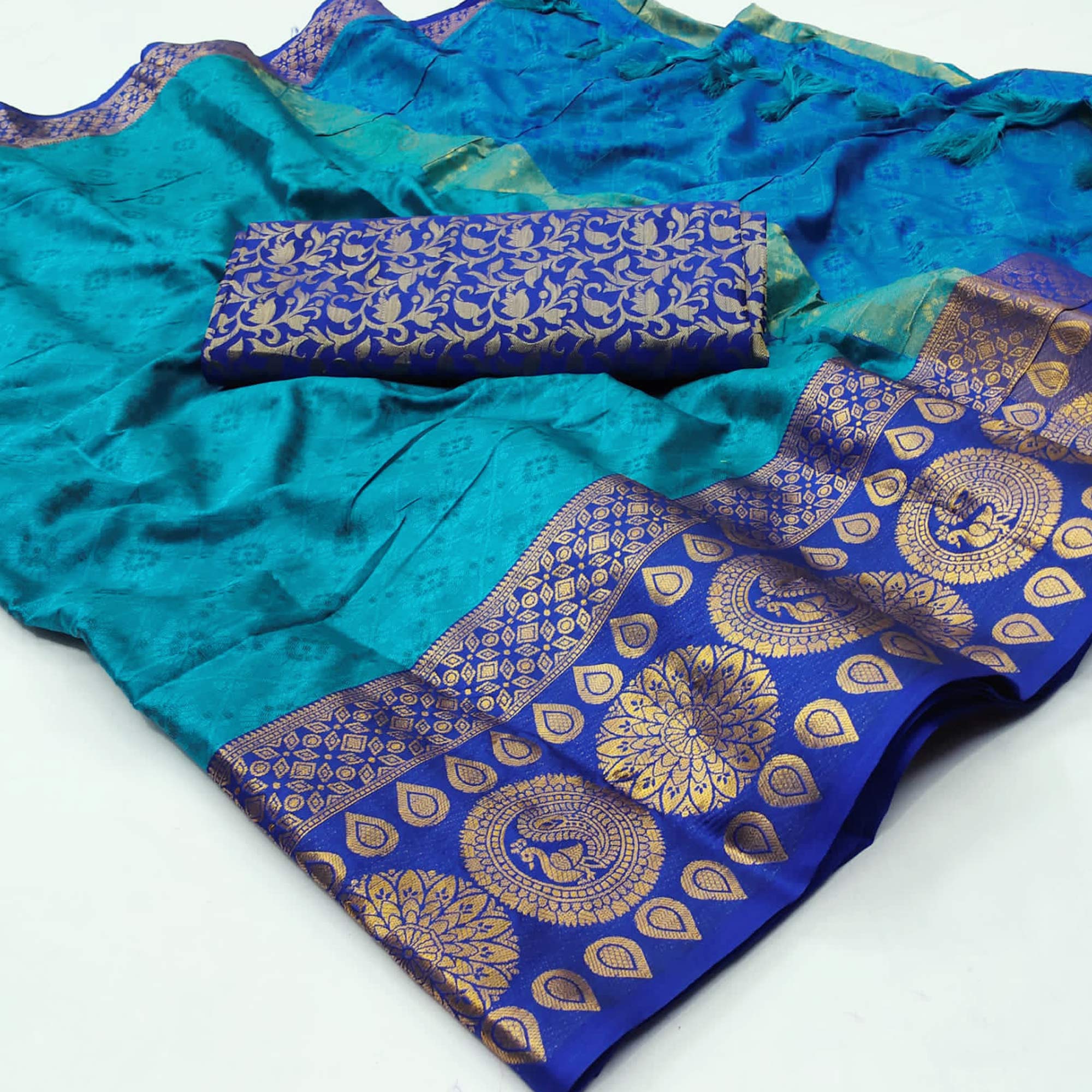 Firozi Woven Cotton Silk Saree With Tassels