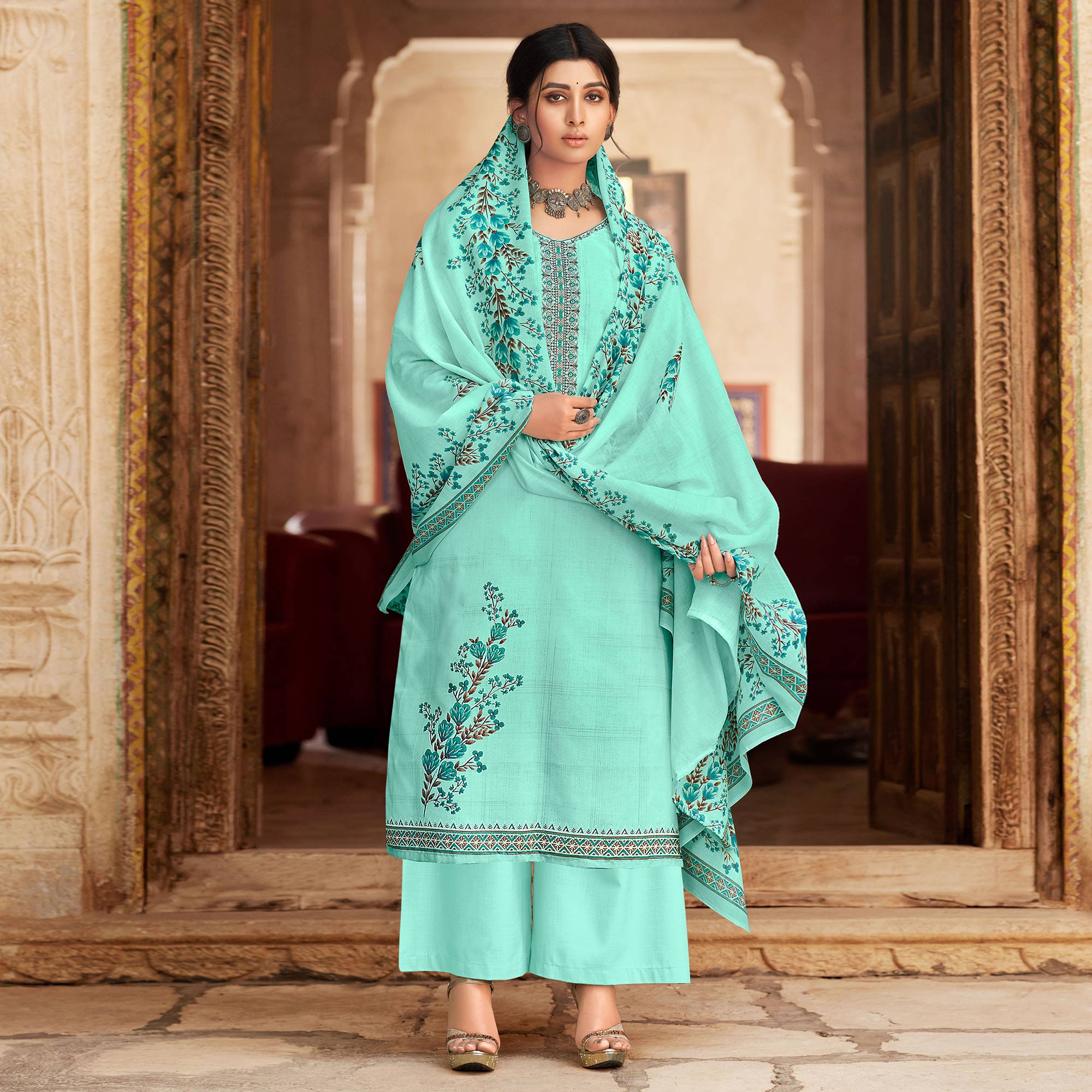 Turquoise Floral Printed With Embroidered Pure Cotton Palazzo Suit