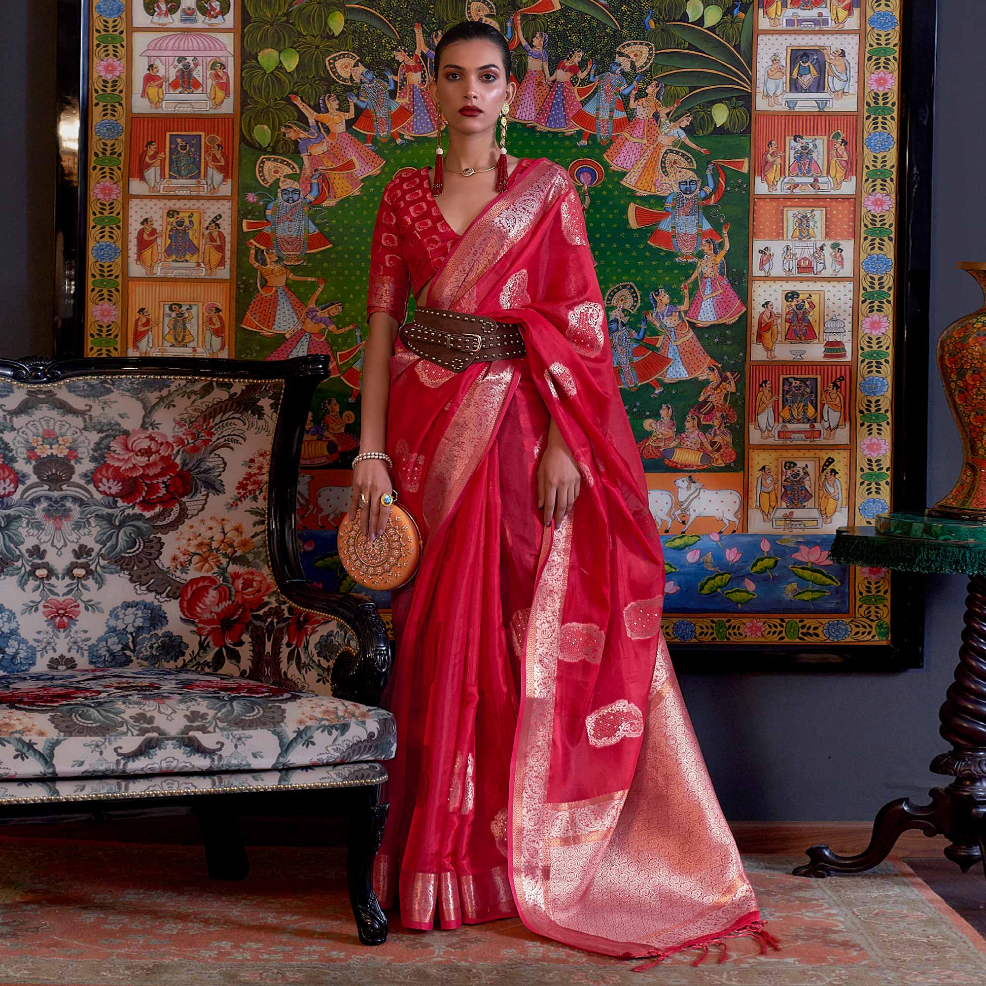 Red Woven Organza Saree With Tassels