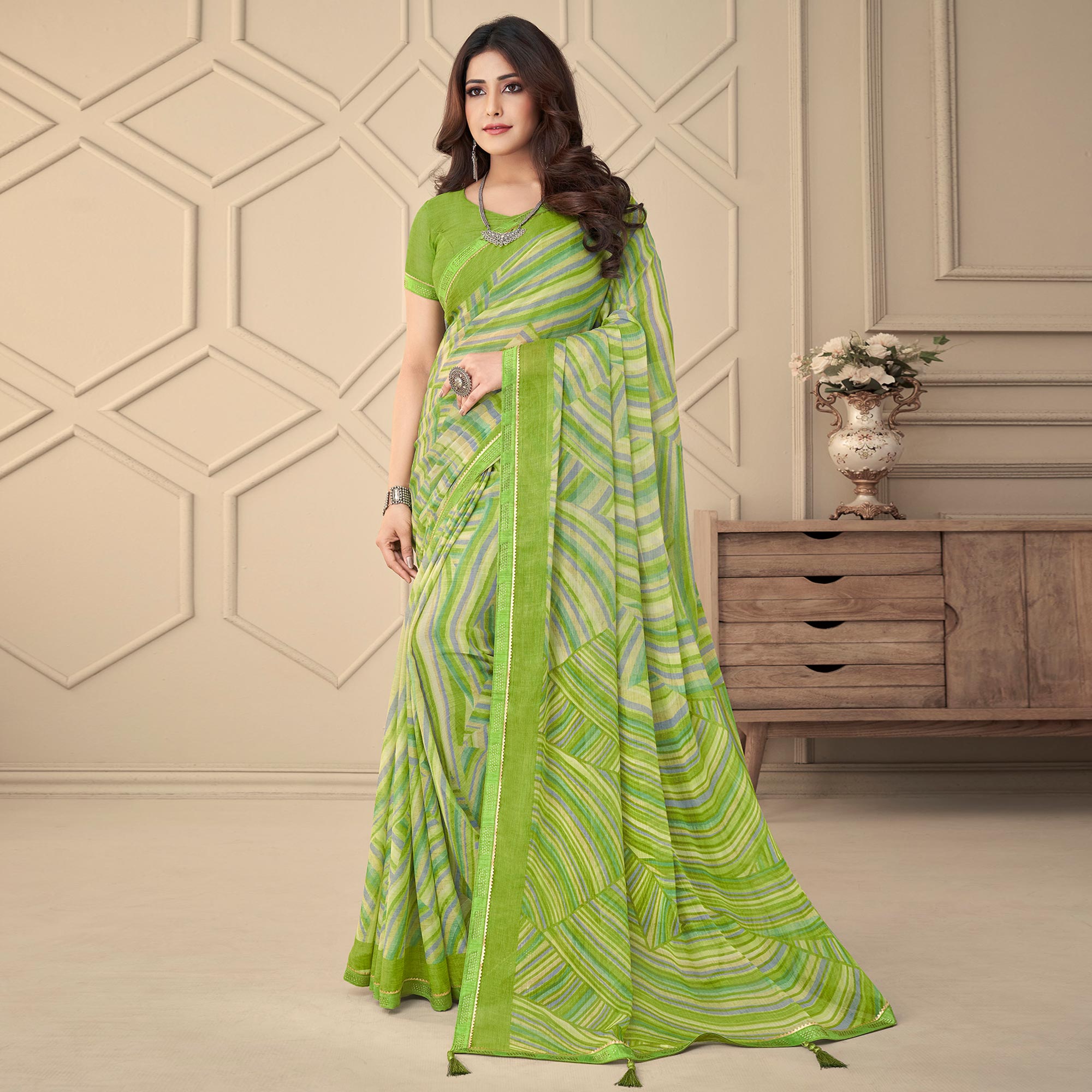 Green Printed Chiffon Saree With Tassels