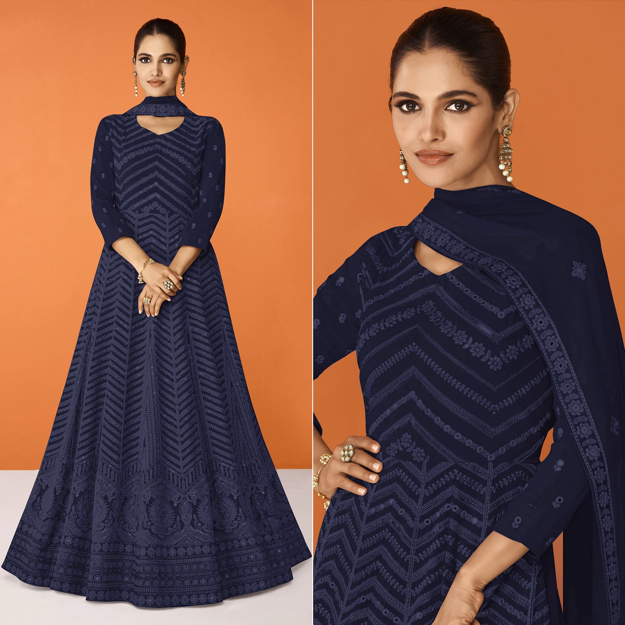 Navy Blue Sequins Embroidered Georgette Semi Stitched Anarkali Suit