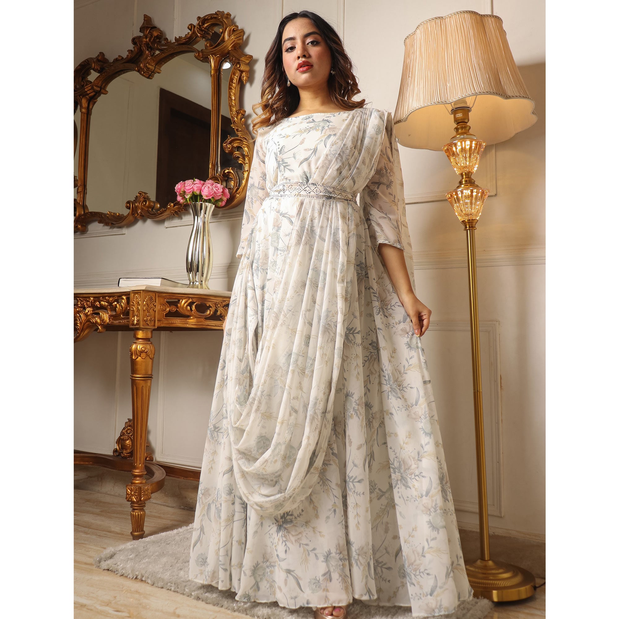 Off White Floral Printed With Stone Work Georgette Gown