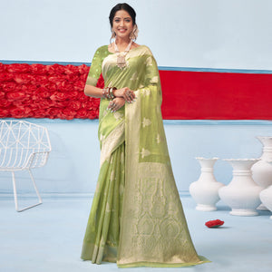 Green Woven Cotton Blend Saree