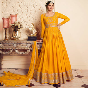 Mustard Printed With Embroidered Chiffon Gown