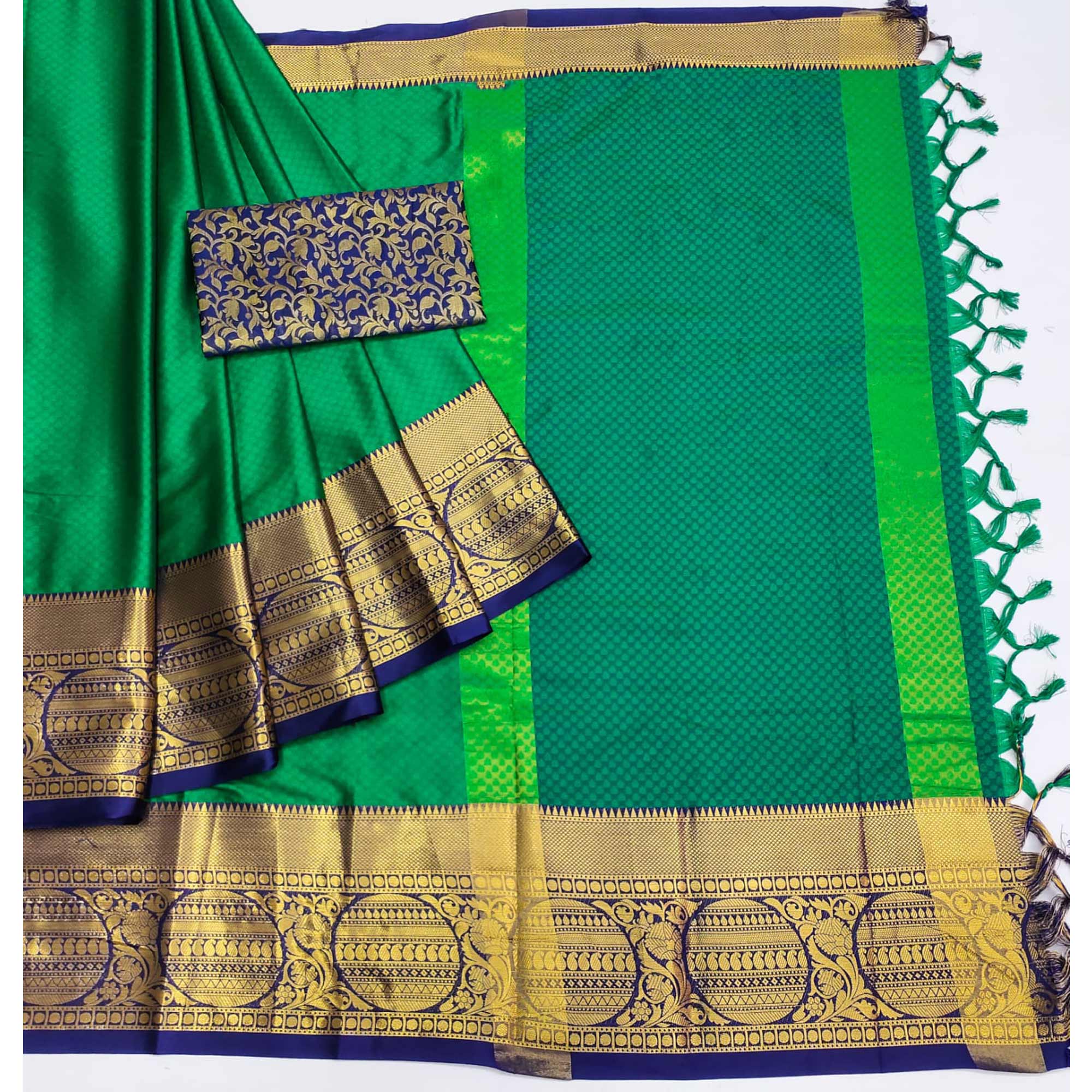 Green Woven Cotton Silk Saree With Tassels