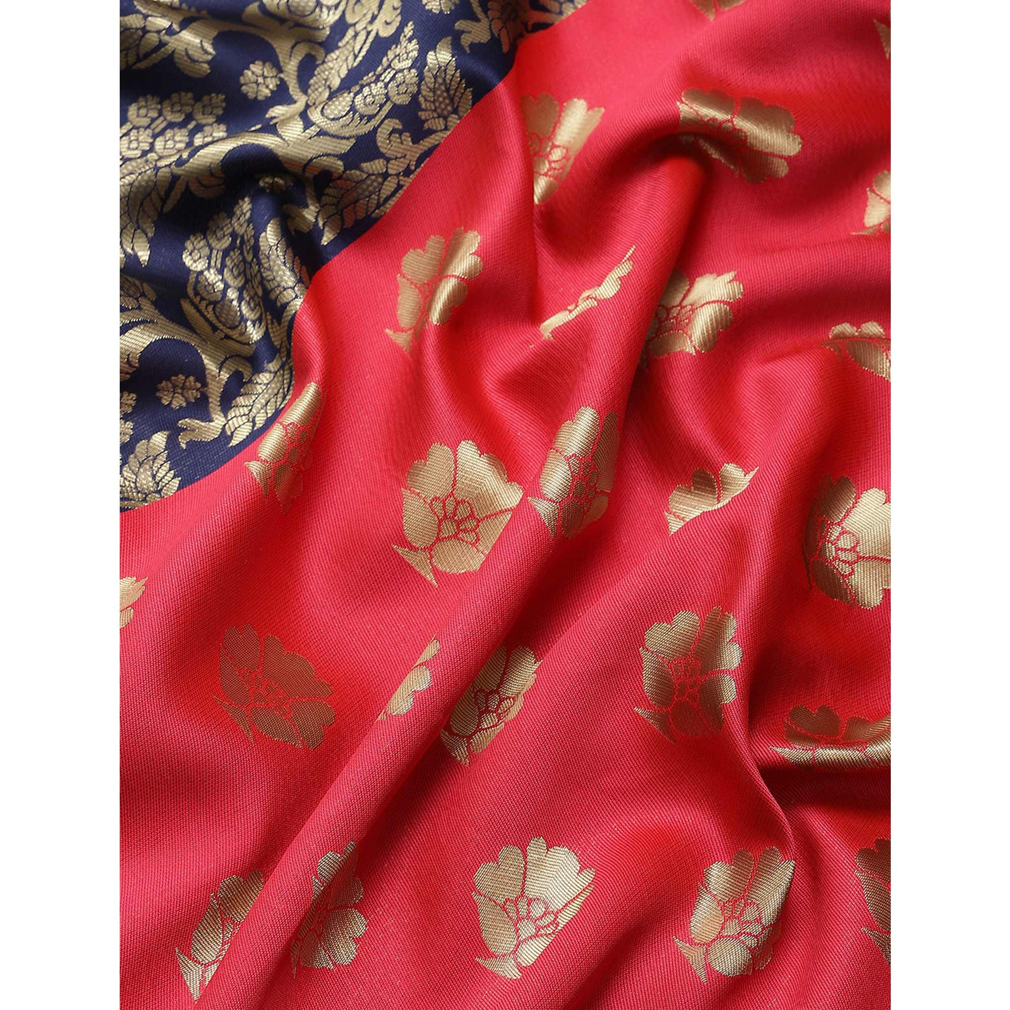 Pink & Navy Blue Woven Banarasi Silk Saree