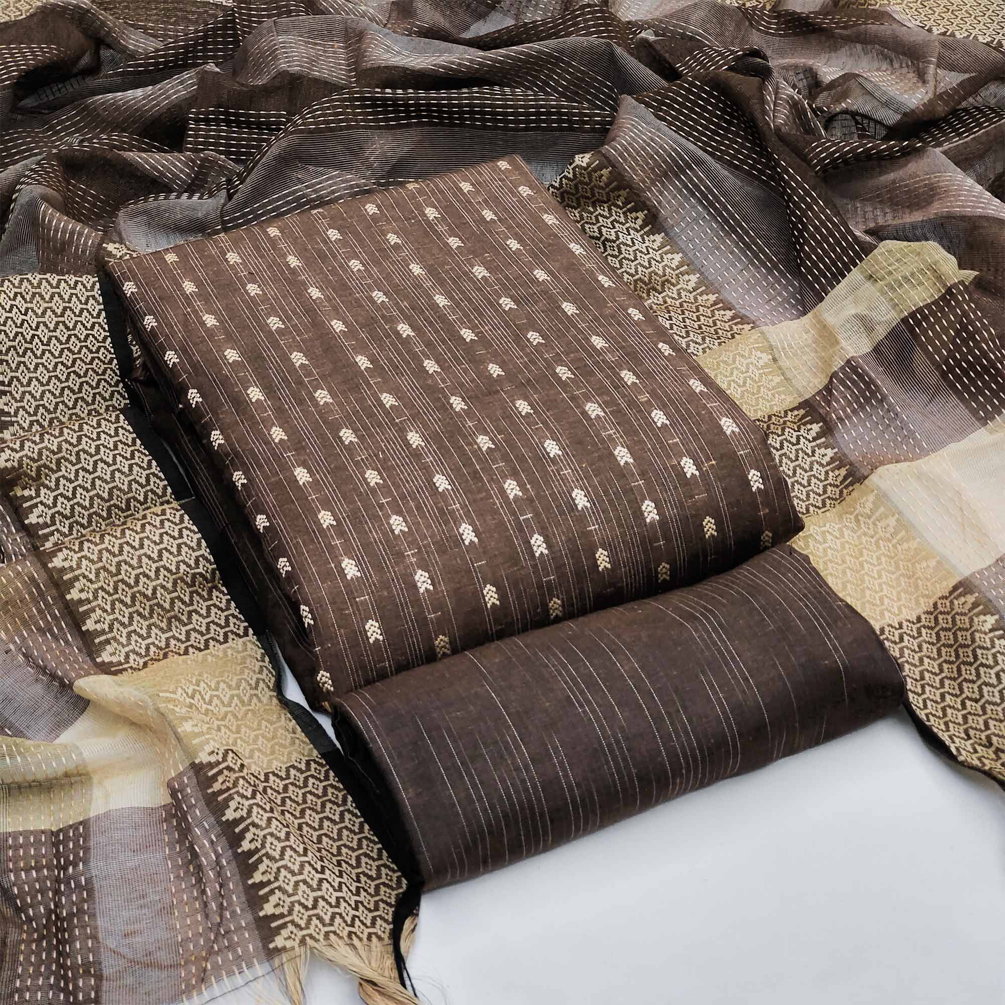 Brown Woven Cotton Blend Dress Material