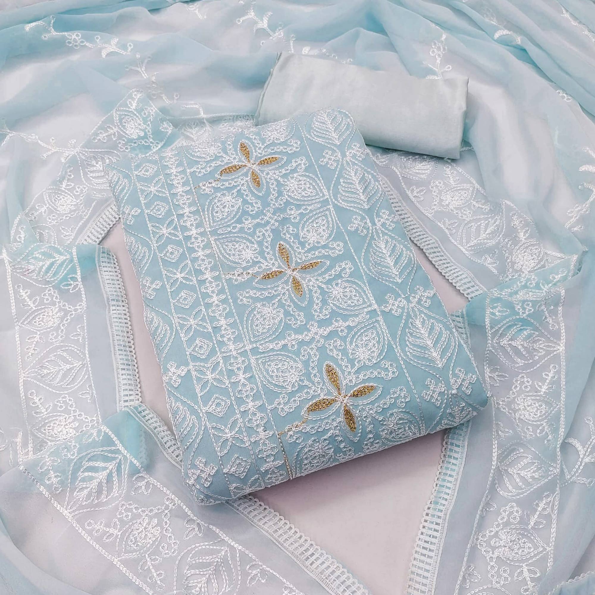 Sky Blue Floral Embroidered Georgette Dress Material