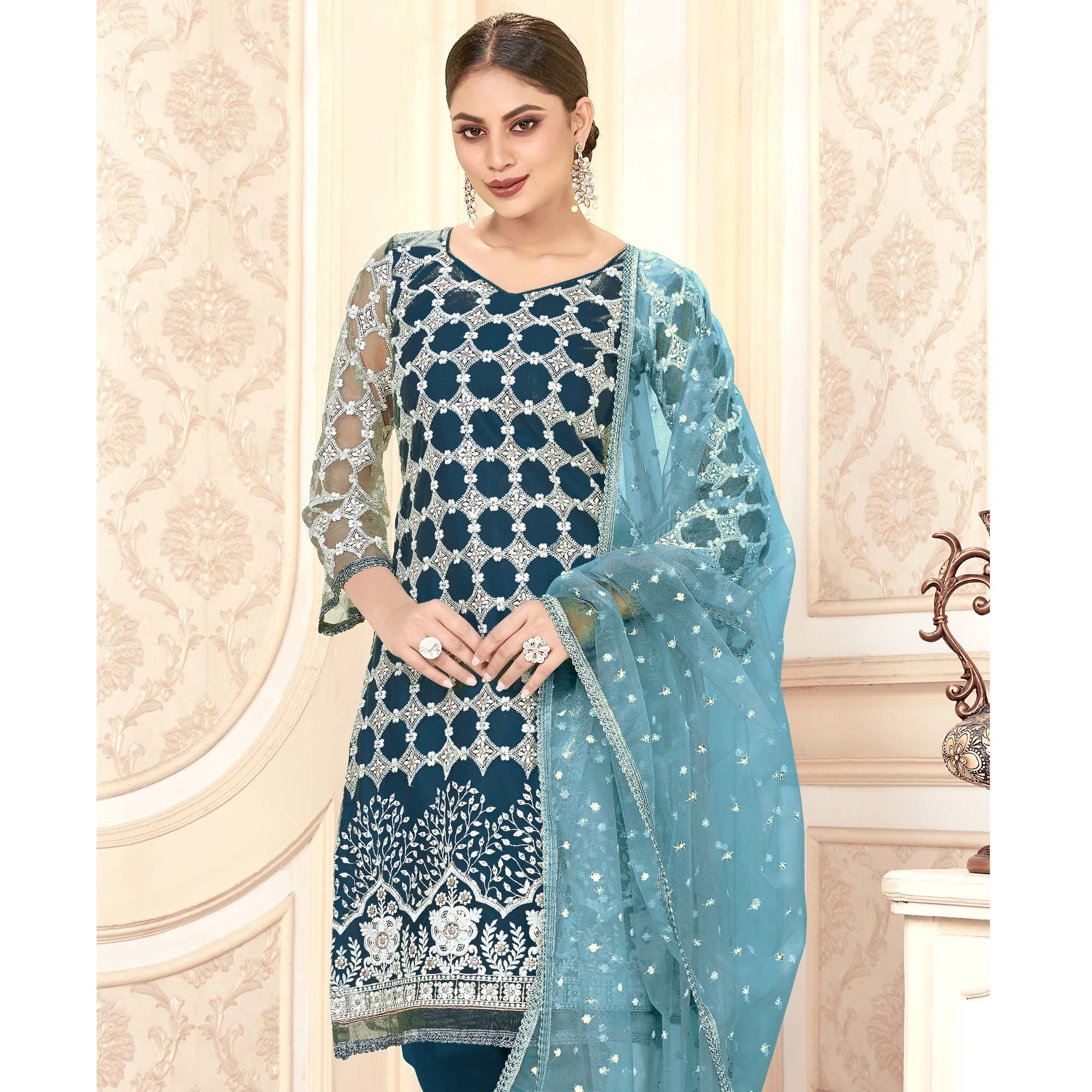 Morpich Sequins Embroidered Net Semi Stitched Suit