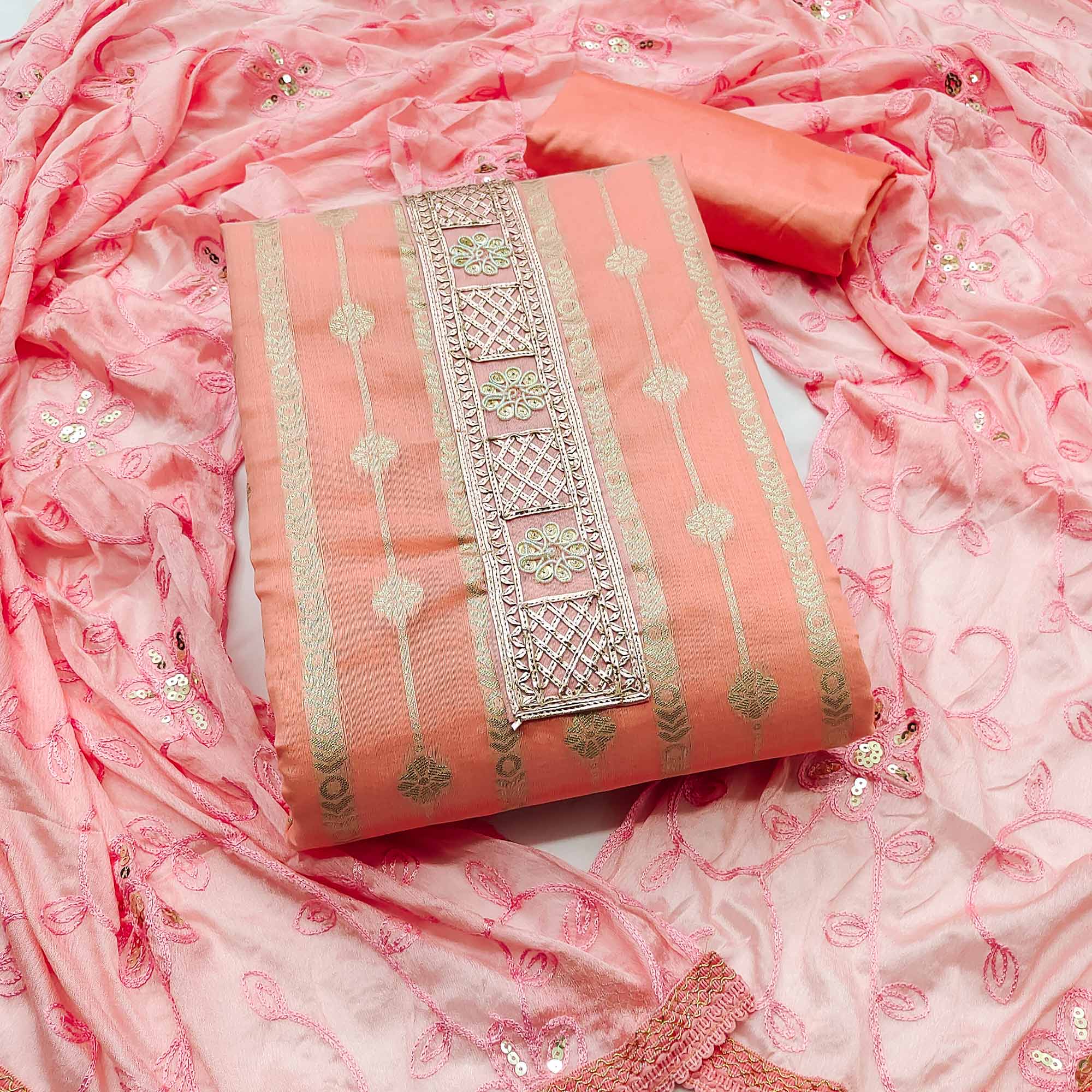Peach Woven Banarasi Silk Dress Material