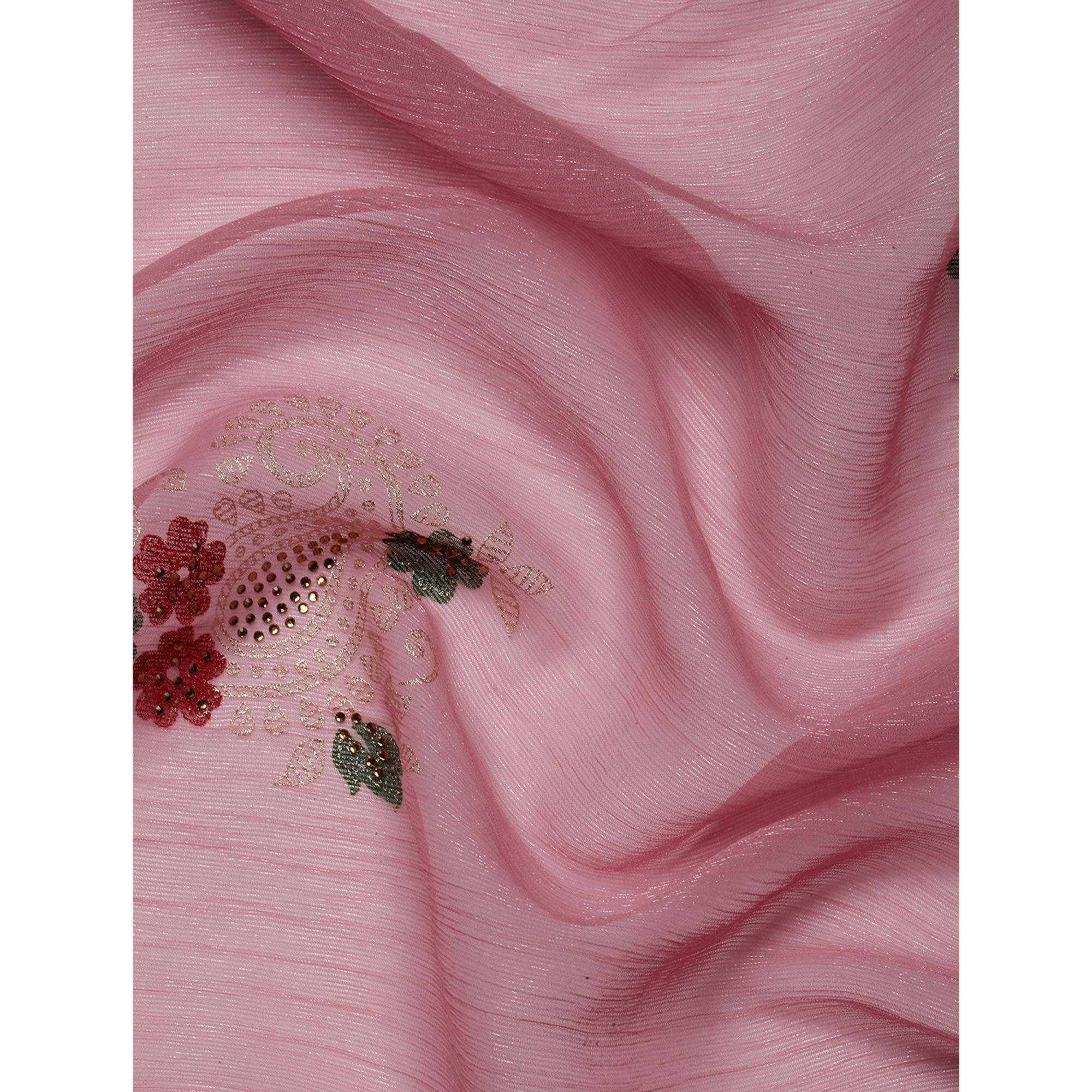 Pink Foil Printed With Swarovski Shimmer Chiffon Saree