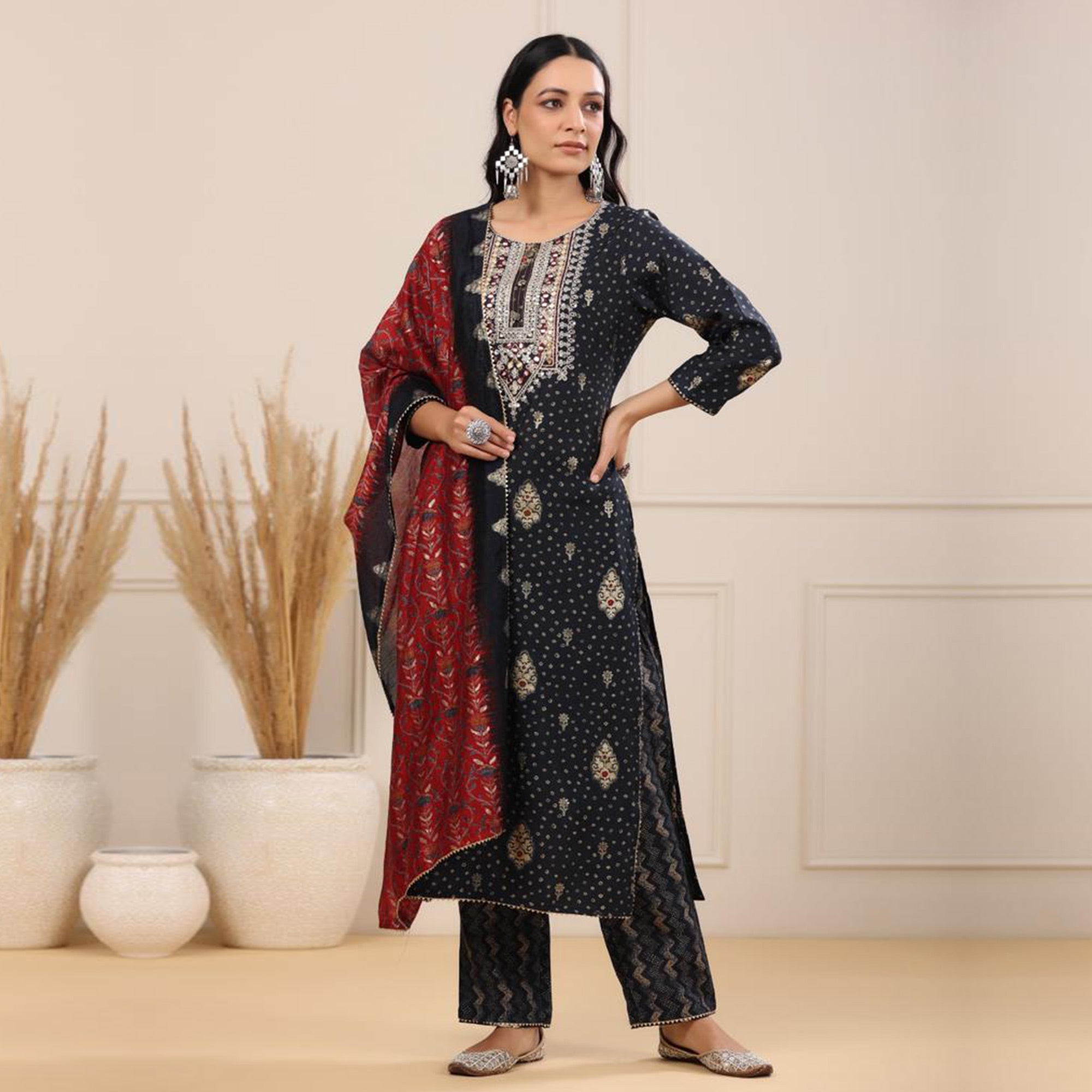 Black Jaipuri Printed With Embroidered Chanderi Salwar Suit