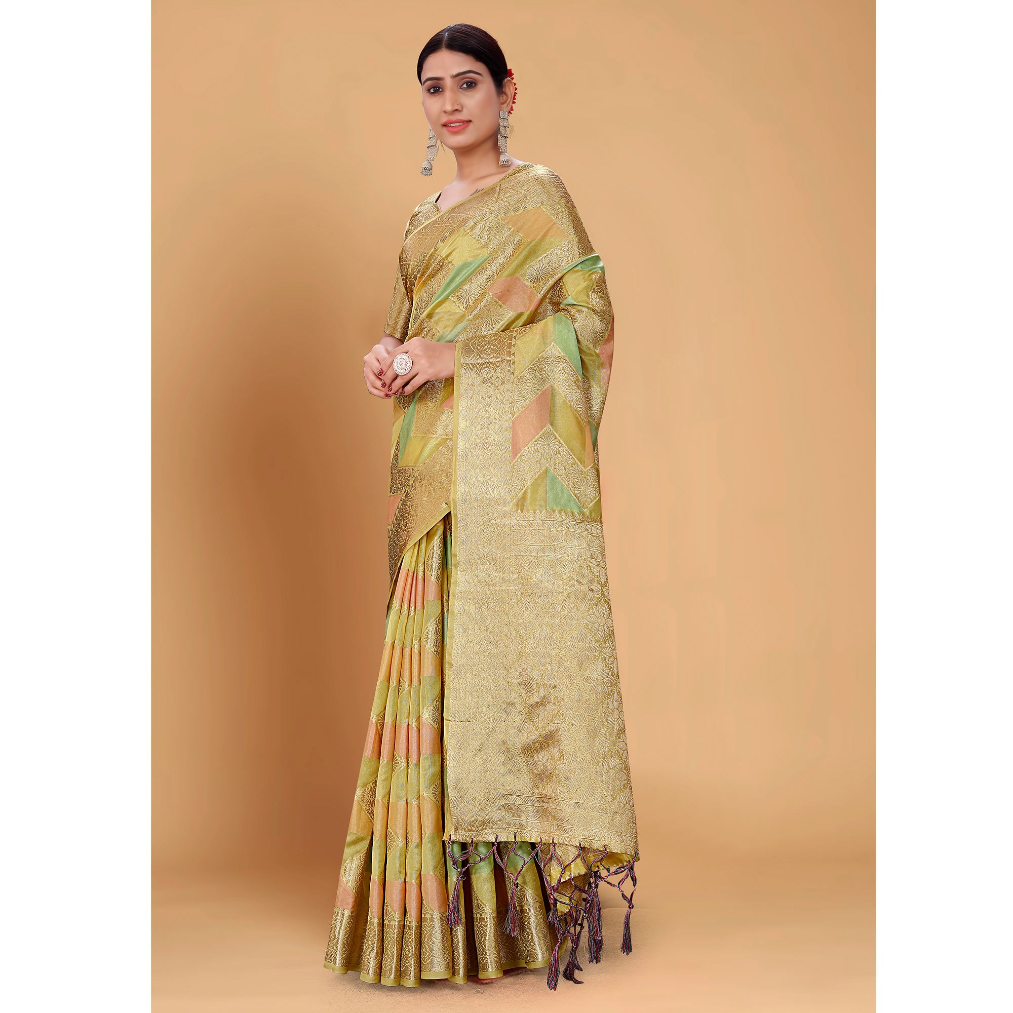 Green Woven Organza Saree With Tassels