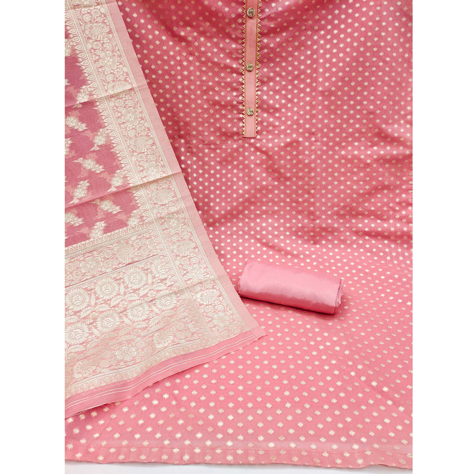 Pink Woven Banarasi Silk Dress Material