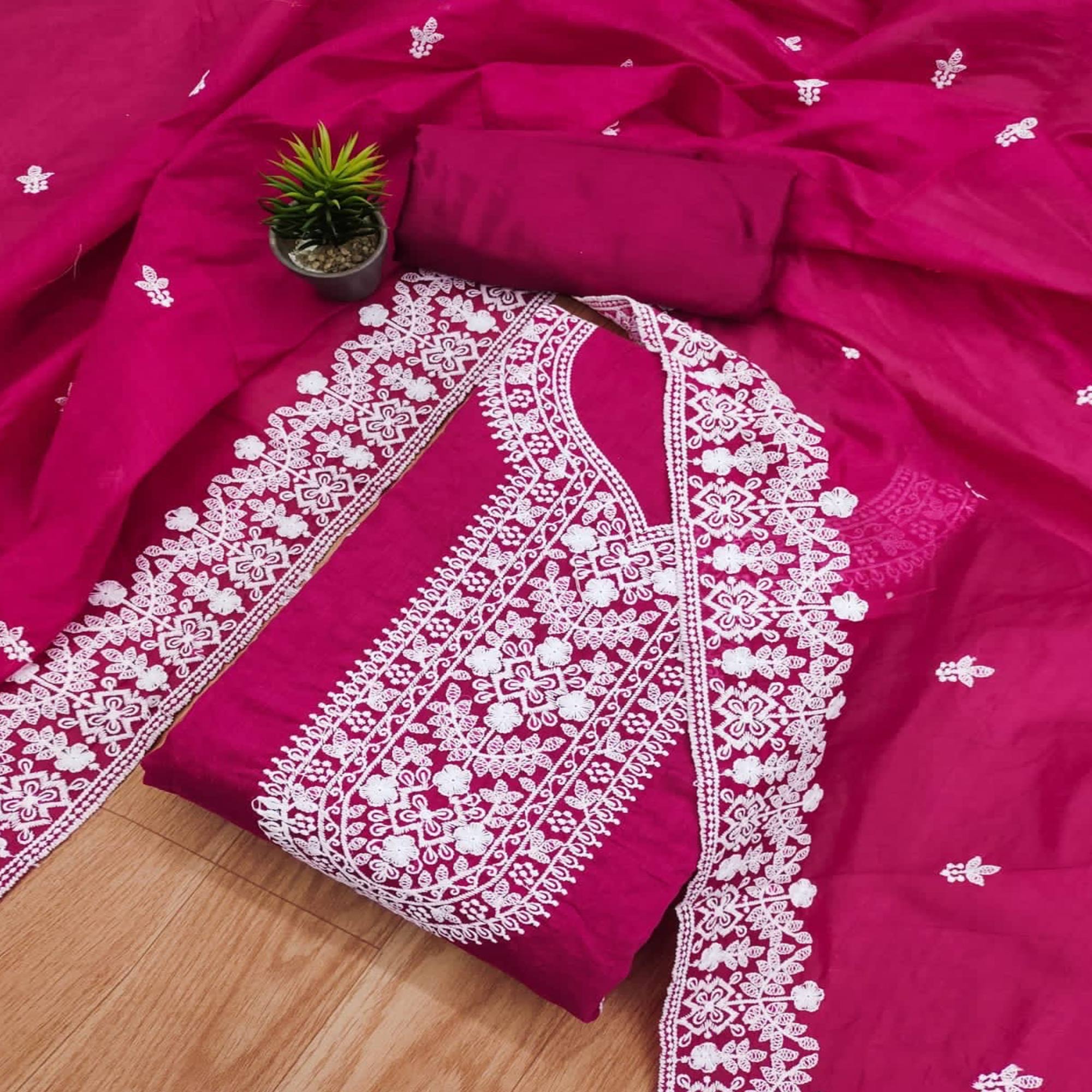 Rani Pink Lucknowi Embroidered Modal Dress Material