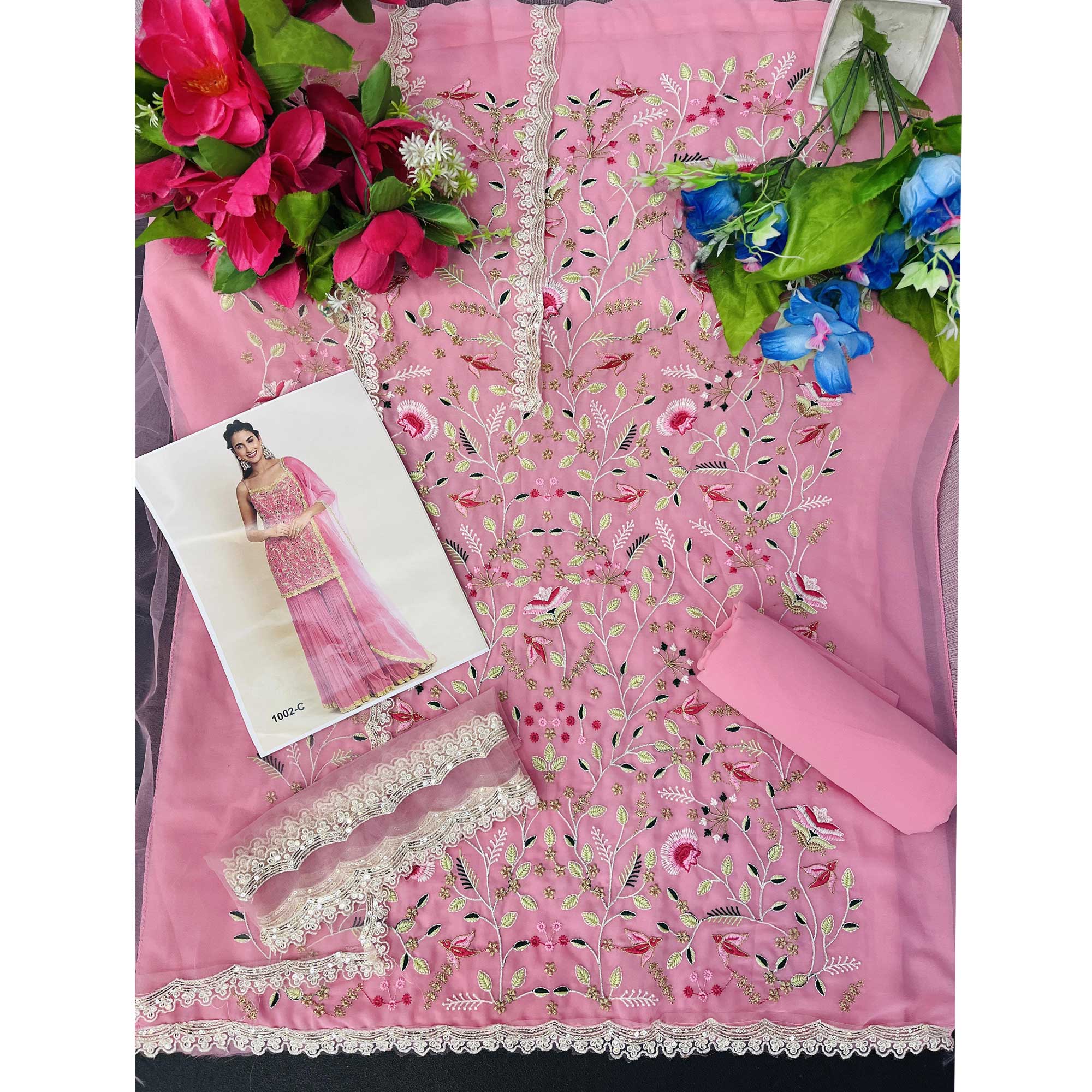 Pink Floral Sequins Embroidered Georgette Sharara Suit